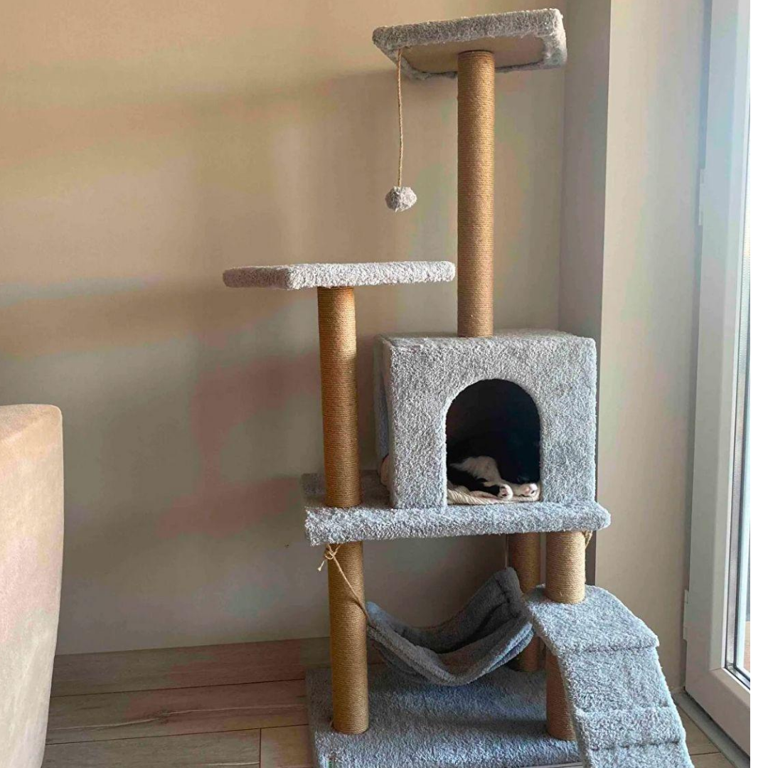 Reyo Pet B-07 Hamaklı Yuvalı Lüx Kedi Tırmalama Oyun Evi Gri