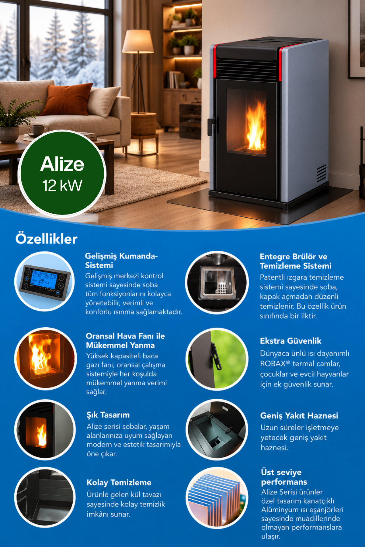 Arıkazan Alize 12 kW Yeni Nesil Peletli Sıcak Hava Sobası Kuru Üflemeli Pelet Şömine