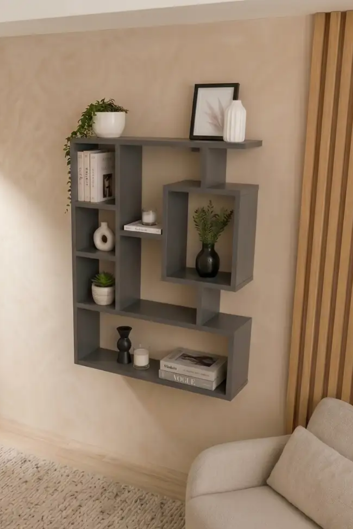 Enda Home Bigane Büyük Dekoratif Duvar Rafı 70,9 × 93,6 cm – Asimetrik Çok Bölmeli Duvara Monte Raf