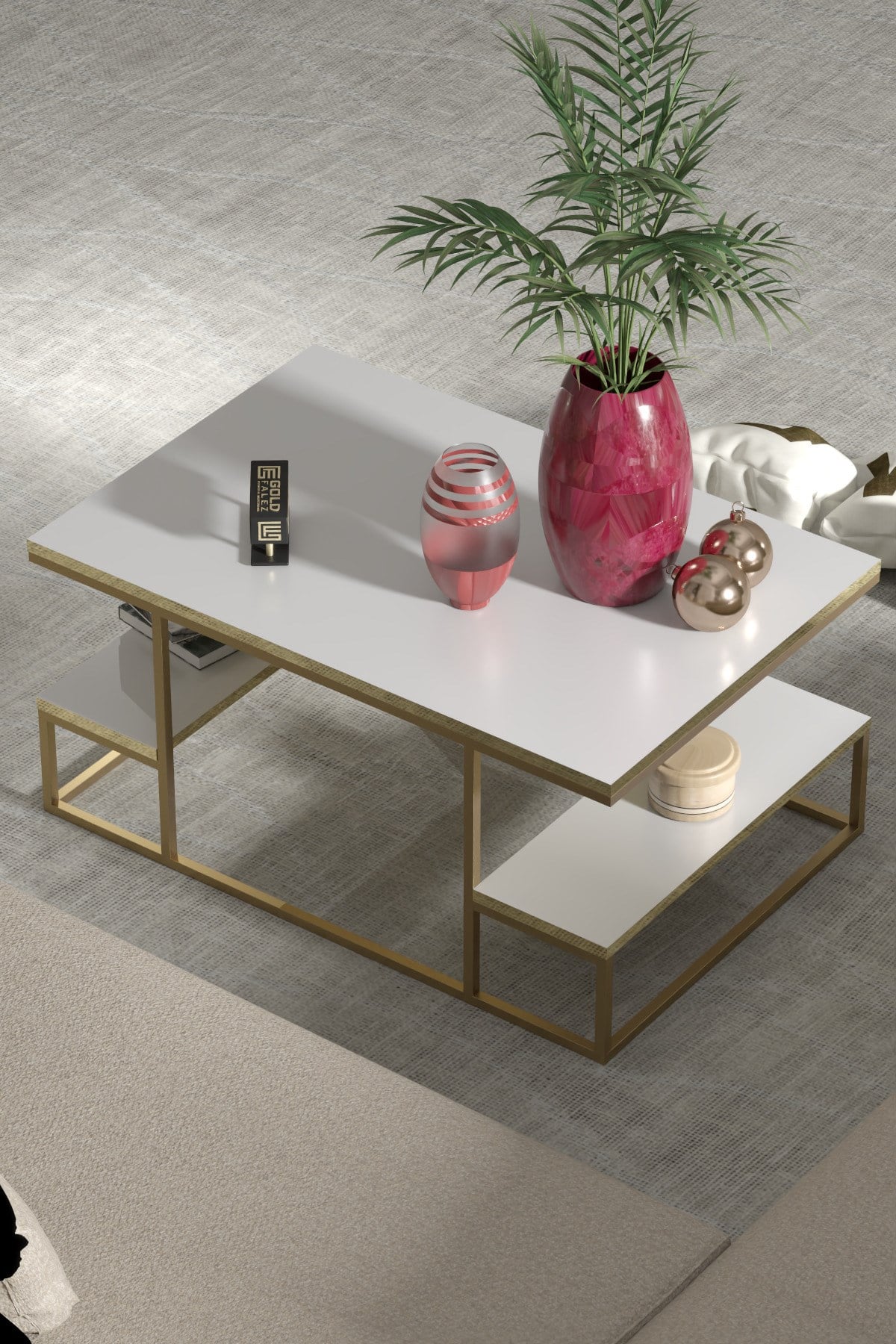 Reyo Falez Deluxe Raflı Orta Sehpa 60x90 cm Modern Dikdörtgen Orta Sehpa Gold Beyaz 