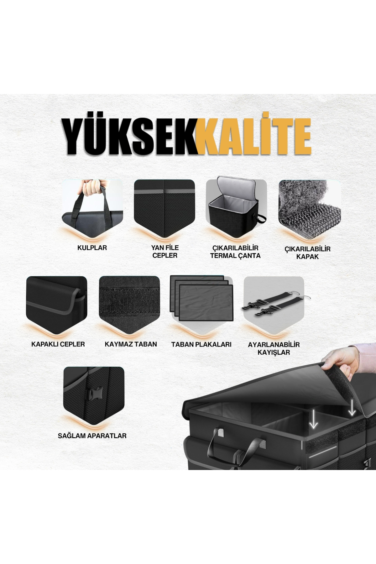 HAEGS Araç Bagaj Düzenleyici, Soğutucu Çantalı Bagaj Organizer Sağlam Katlanabilir, Otomobil ve SUV`lar için, Cepli, 3 Ana Bölmeli, 100L: 90x40x28 cm - Bej