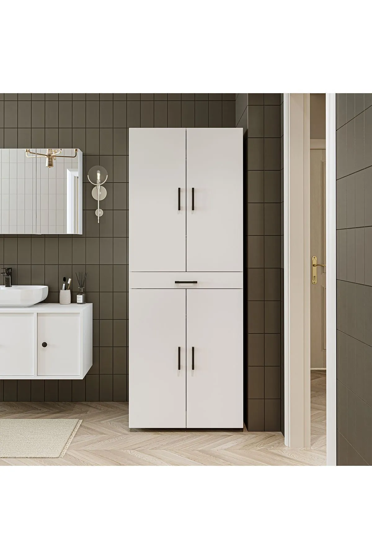 RoomArt Banyo Dolabı Kapaklı Çamaşır Ve Kurutma Makinesi Dolabı 70x185 cm Mat Beyaz