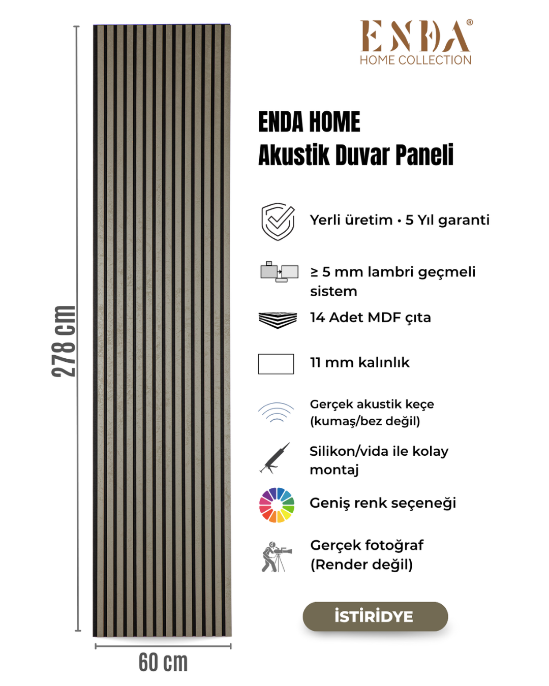 Enda Home MDF Akustik Duvar Paneli 60 x 278cm İstiridye