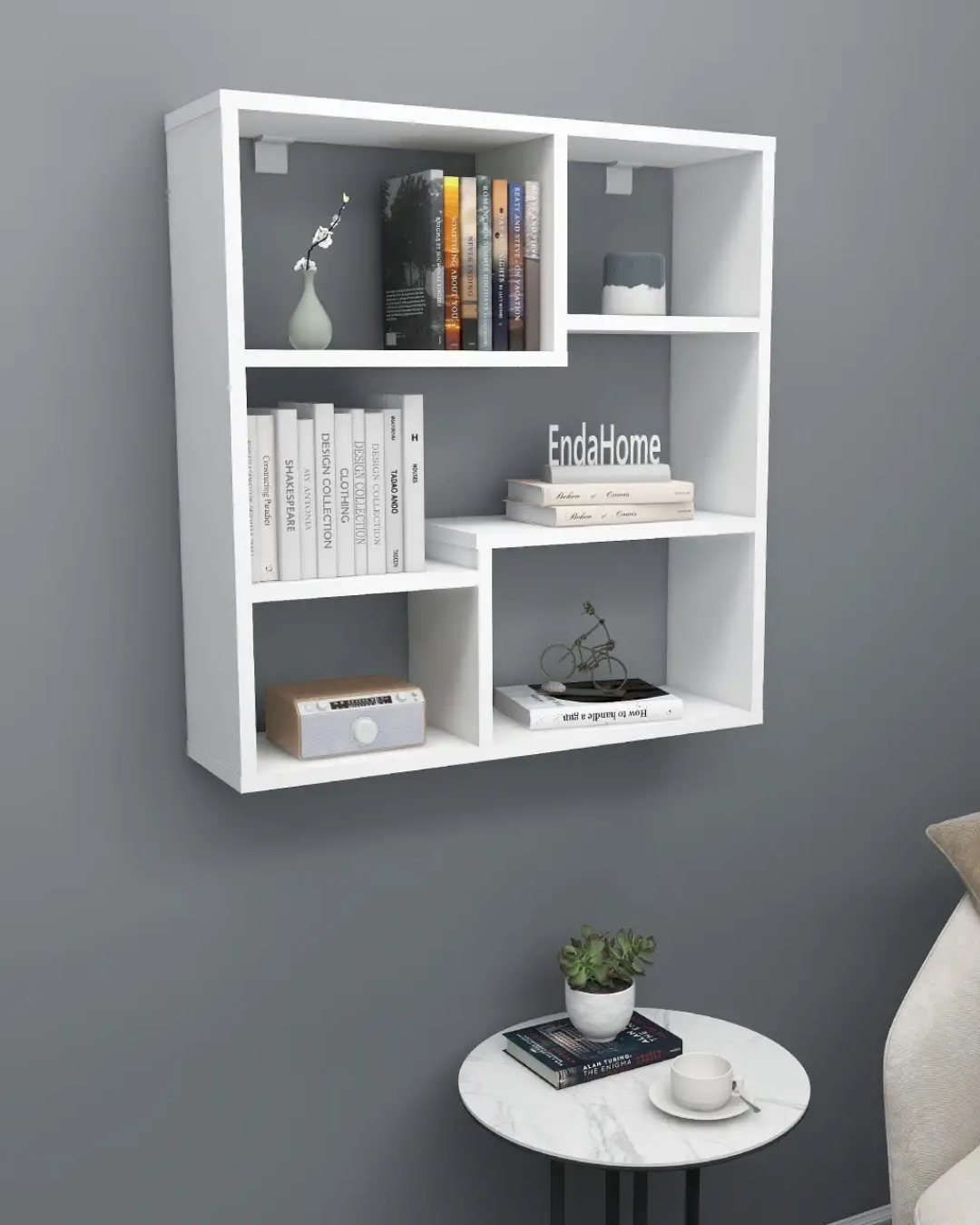 Enda Home Myra09 5 Bölmeli Modern Duvar Rafı, Mutfak Rafı Mat Beyaz