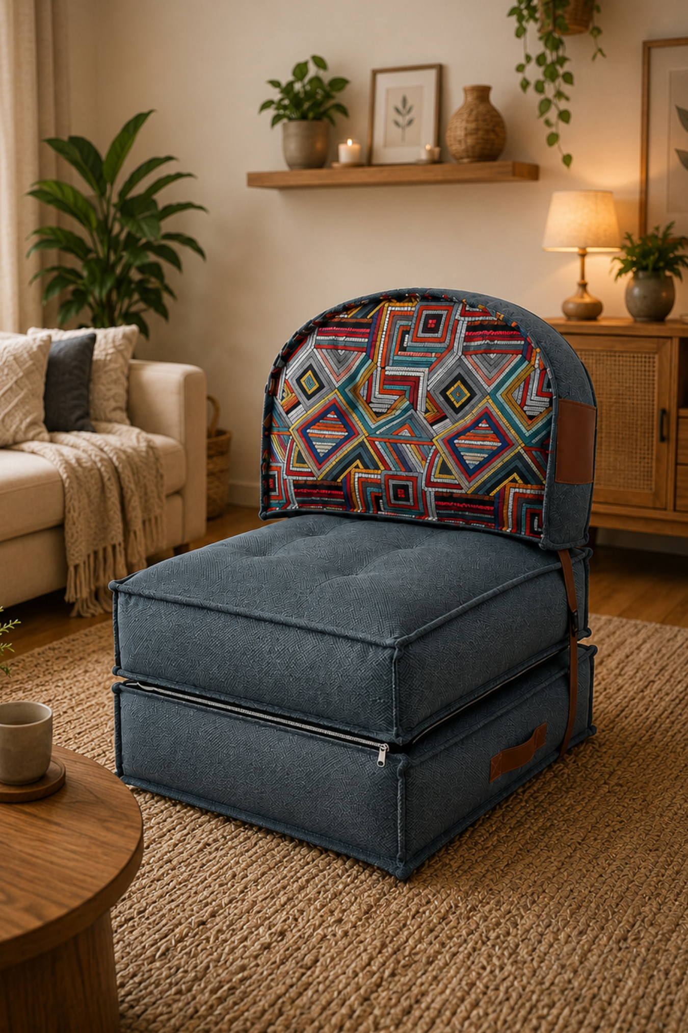 Pufymax Comfy Plus Oval Bohem Tekli Koltuk Yatak Olabilen Katlanır Berjer & Modüler Yer Yatağı 75x75x 90 cm Yeşil Desenli