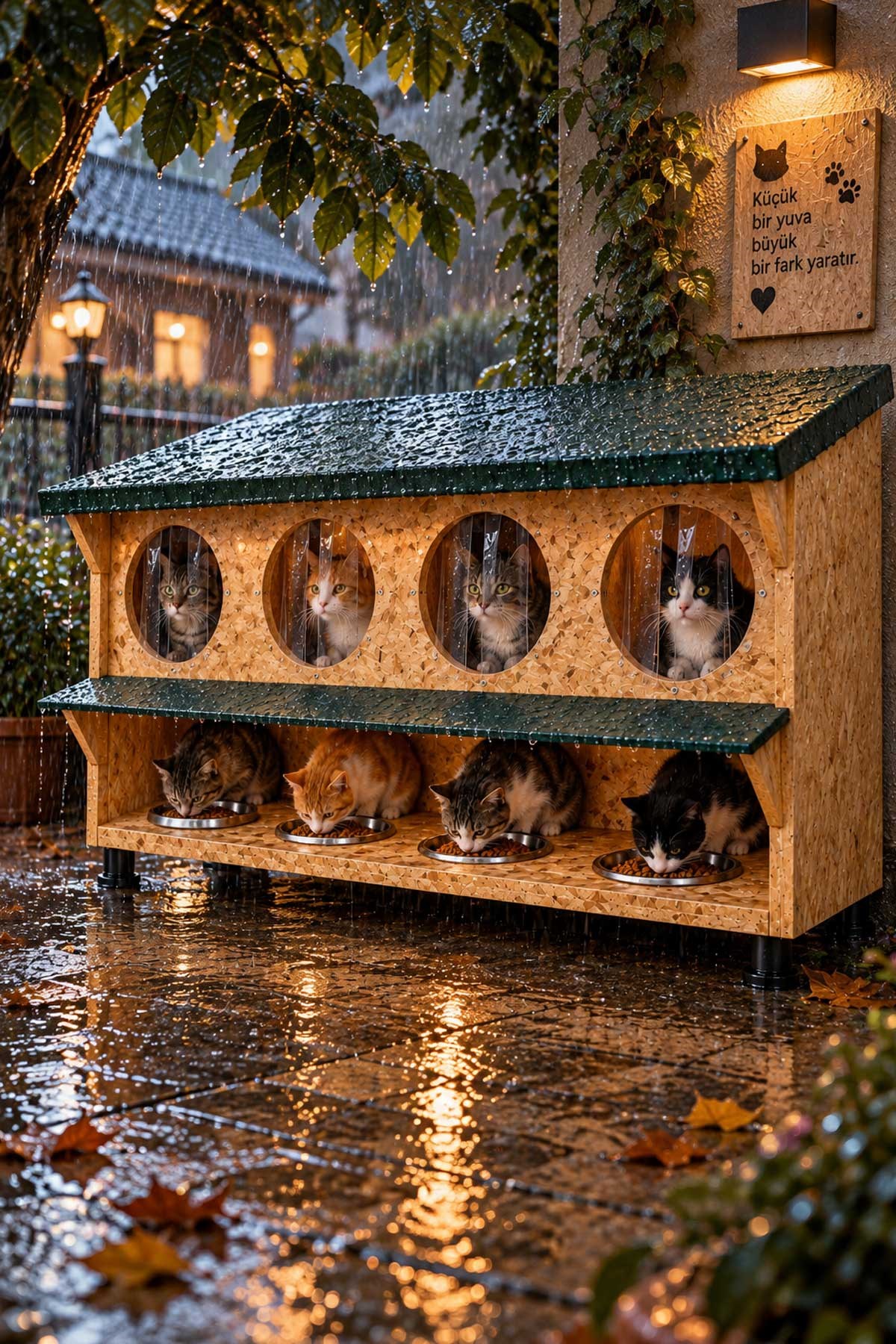 Narım Sokak Kedileri İçin Kedi Evi, Kedi Mama ve Su Kabı Standı 4'lü Doğal Ahşap Yağmur Geçirmez Membran Kaplı Kedi Barınağı 