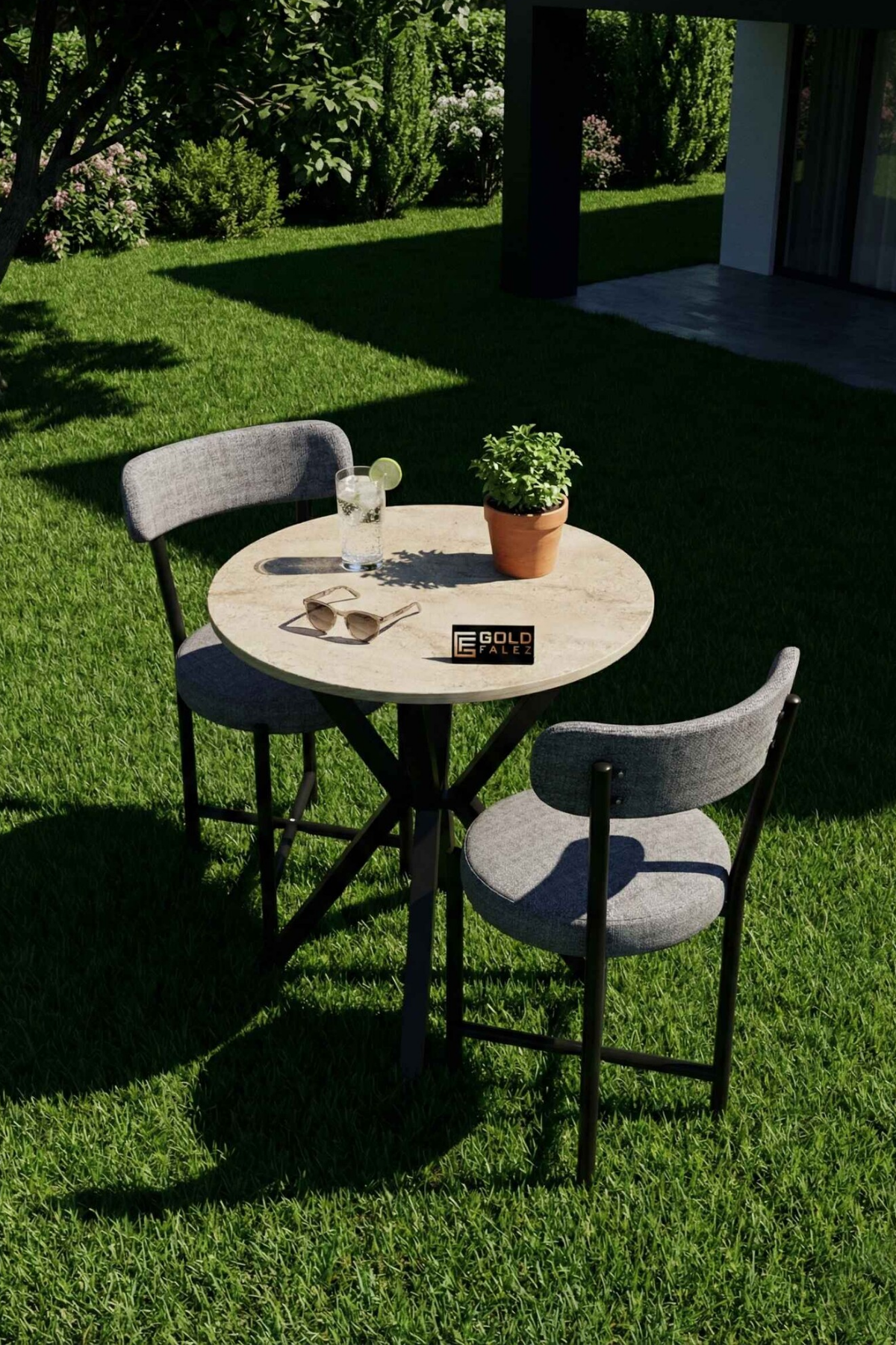 Reyo Falez Teddy Mutfak Masası 70 Çap, Yuvarlak, 2 Sandalyeli  Bahçe Balkon Masa Takımı Modern Set Traverten - Gri