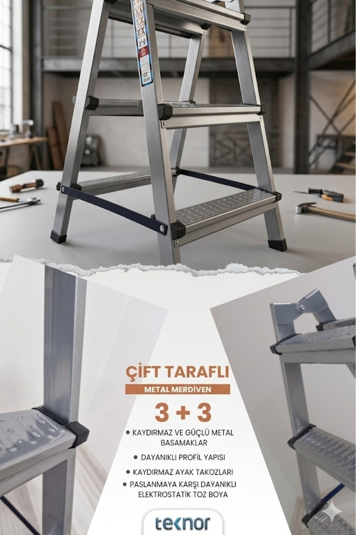 Reyo Kutlu Çift Taraflı Dayanıklı 3+3 Metal Basamaklı Katlanır Merdiven – Kaymaz Basamaklı Ev Tipi Portatif Merdiven