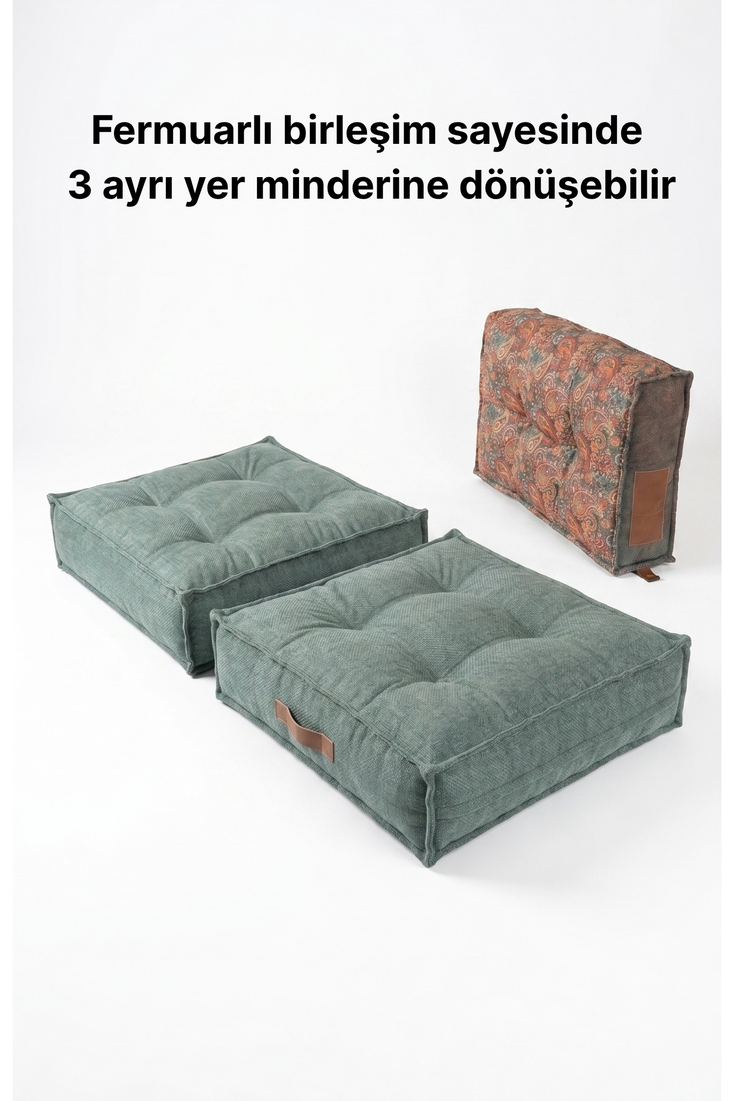 Pufymax Comfort Minder Koltuk Modüler Yer Koltuğu Sırt Destekli Oturma Minderi 75x75x85cm Yıkanabilir Fermuarlı Yeşil/Desenli 