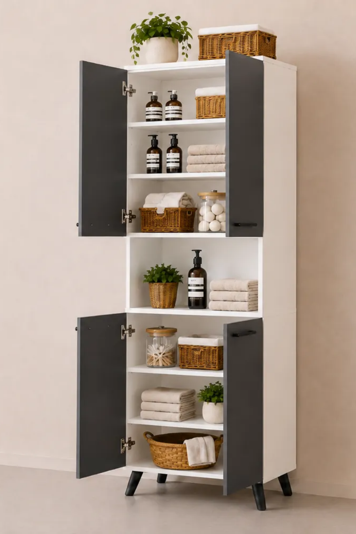 Enda Home Listra 4 Kapaklı Çok Amaçlı Dolap 170,8 cm,  Raflı, Ayaklı Depolama Dolabı Antrasit - Beyaz