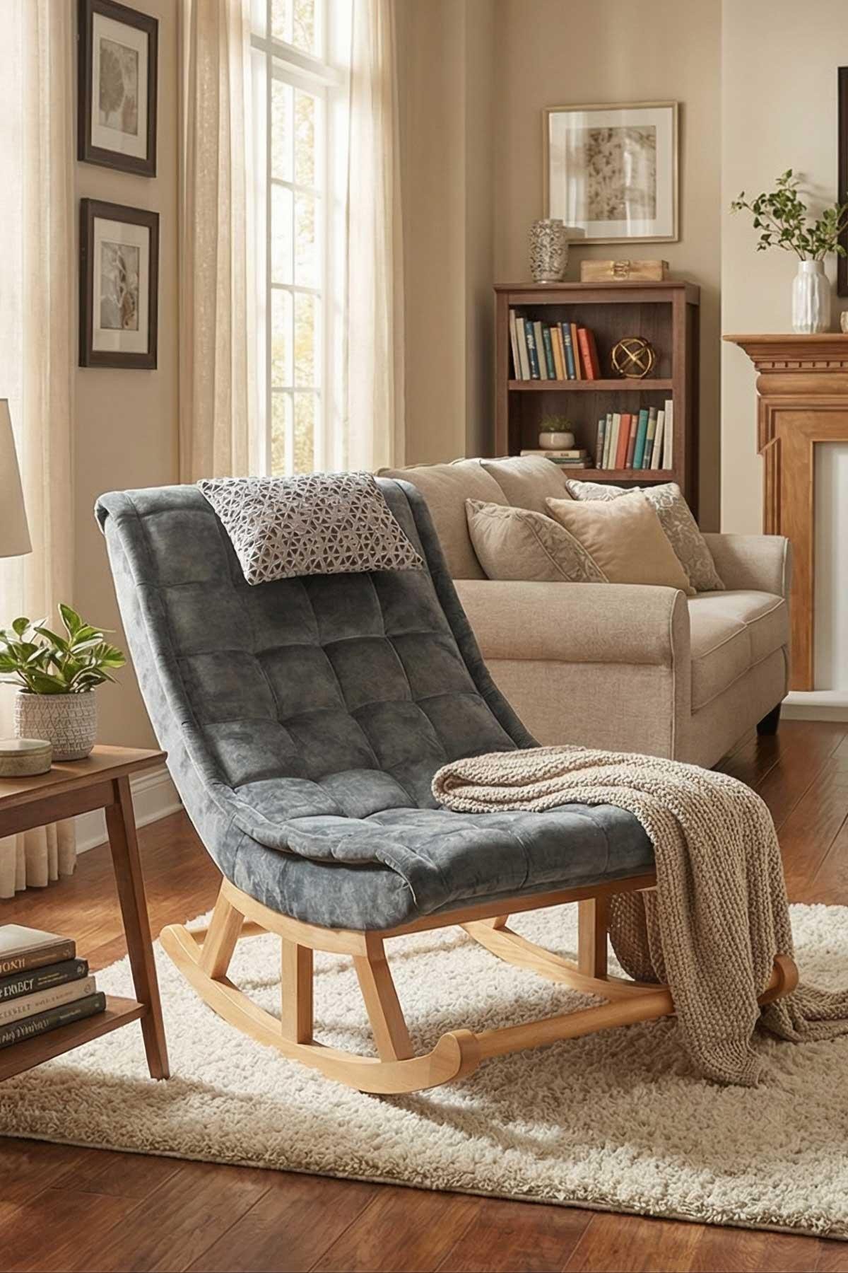 Asedia Miskin Naturel Antrasit Gri Ahşap Sallanan Sandalye Dinlenme Emzirme Baba Tv Okuma Koltuğu Berjer MSS