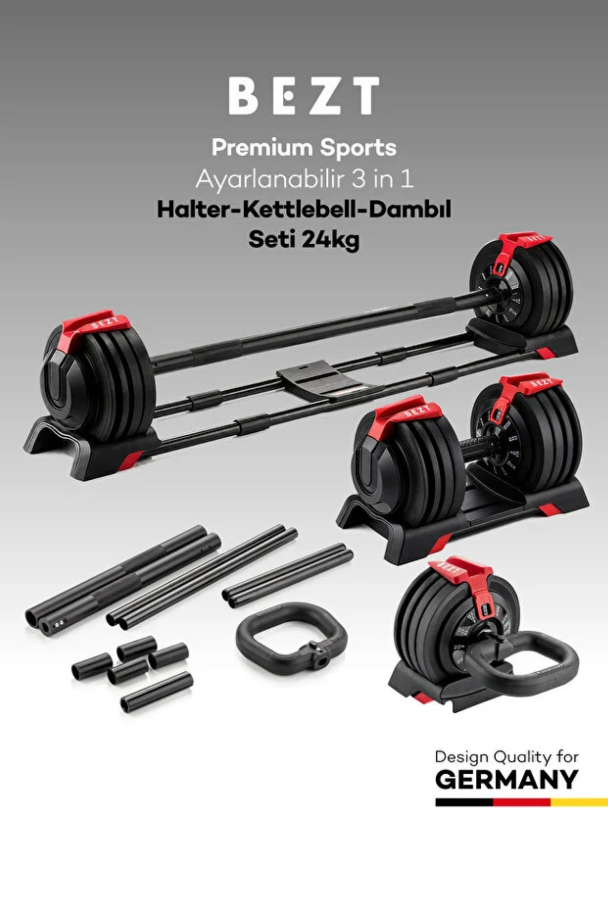 Bezt Premium Sports Ayarlanabilir 3 in 1 Halter Kettlebell Dambıl Seti 24kg Kırmızı
