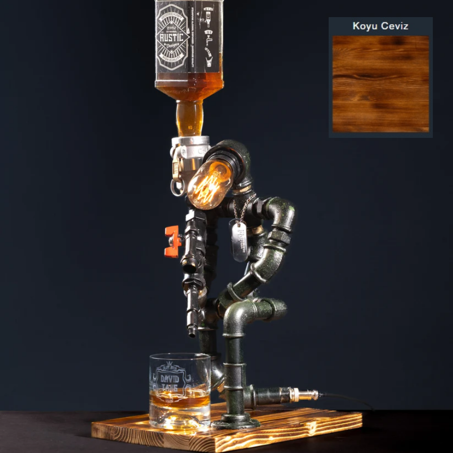 Rustik Atölye Sniper Masa Lambalı Lampenser İçki Musluğu Koyu Ceviz