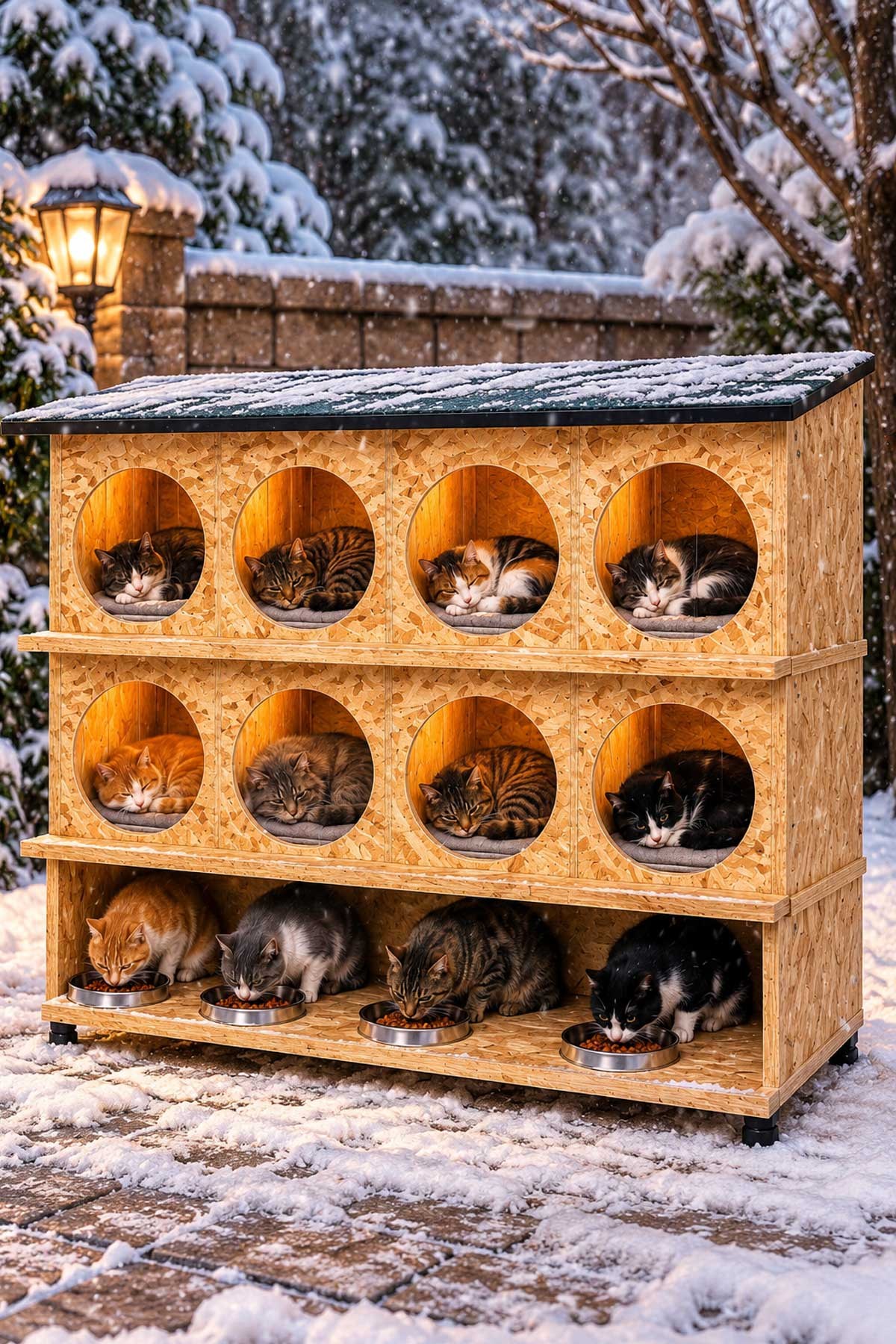 Narım 8 Bölmeli Sokak Kedileri İçin Kedi Evi, 4'lü Kedi Mama ve Su Kabı Standı, OSB Ahşap Yağmur Geçirmez Membran Kaplı Kedi Barınağı (Monteli Teslimat)