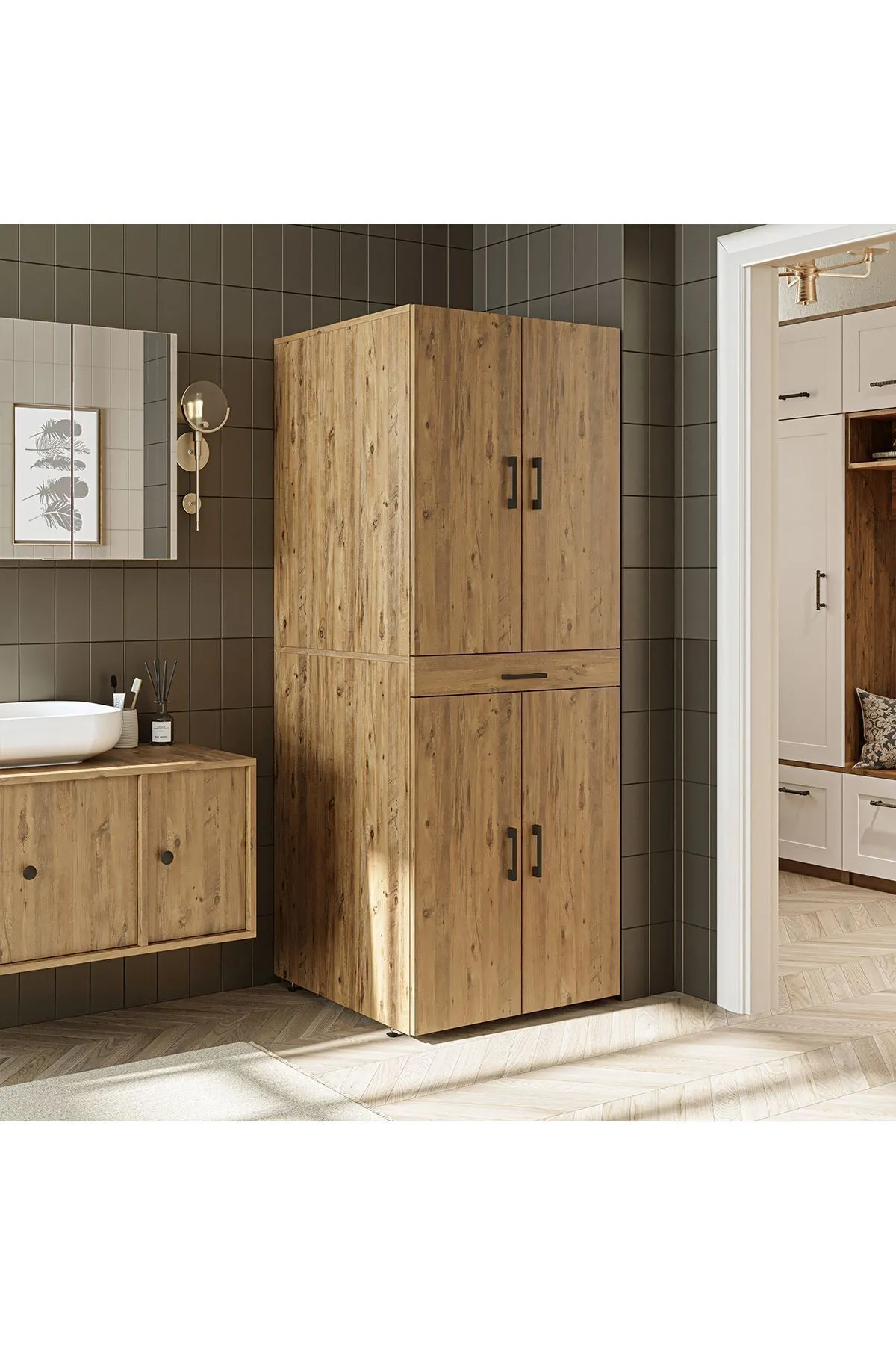 RoomArt Banyo Dolabı Kapaklı Çamaşır Ve Kurutma Makinesi Dolabı 70x185 cm Atlantik Çam