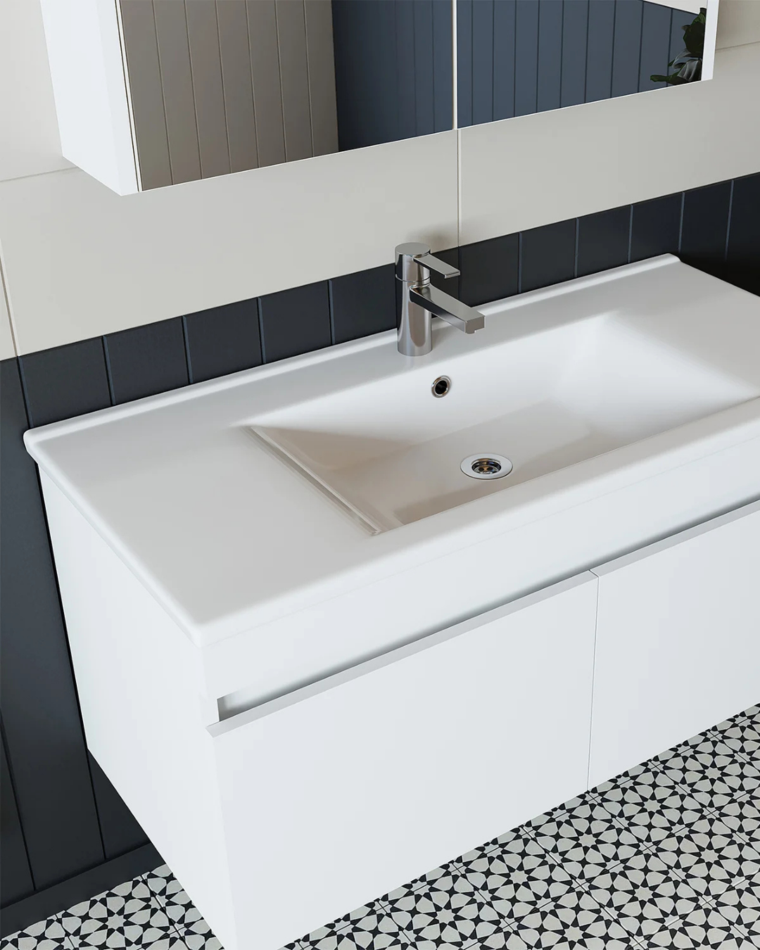 RoomArt Al3 Ayaksız 2 Kapaklı Lavabolu Mdf 85 Cm Banyo Dolabı Aynalı Üst Dolabı Mat Beyaz