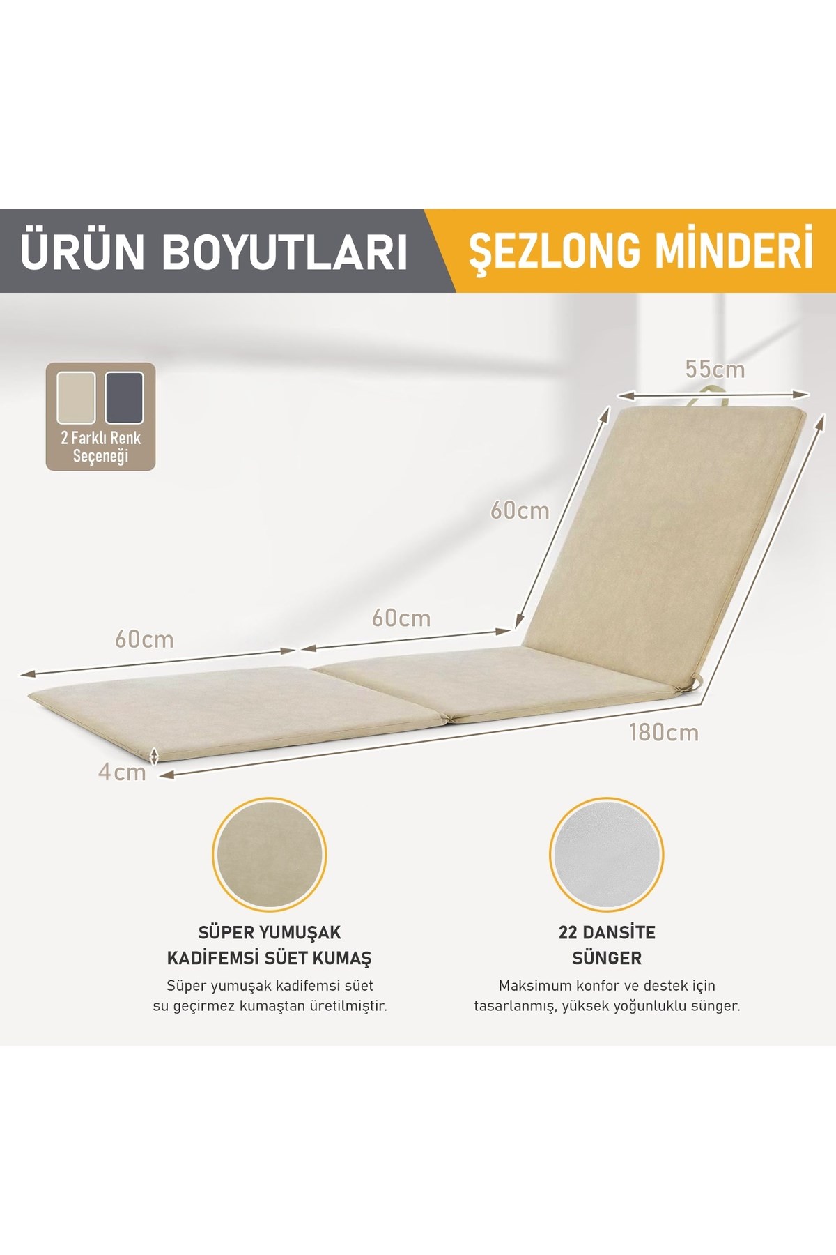 Haegs Şezlong Minderi, Havuz Plaj Outdoor Kamp için Katlanır Sünger Minder, Dış Mekan Süet Kumaş Kılıf, Dış Mekan Mobilyaları İçin Veranda Yedek Minderi 22 Dens / 180x55x4 cm - Bej