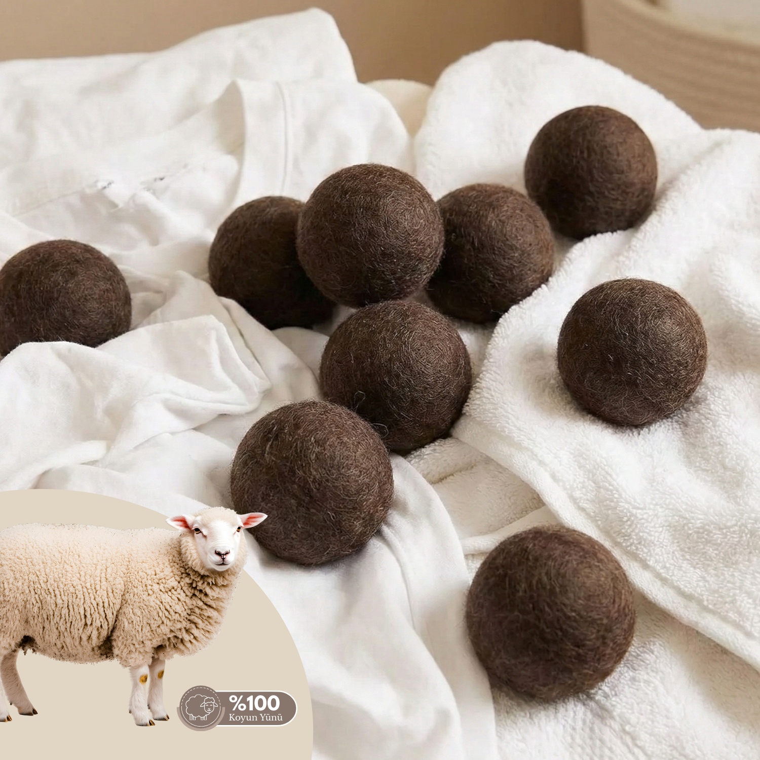 Reyo %100 Saf Yün Kurutma Makinesi Topu 9'lu Set - L Boy Kahverengi - Kimyasalsız Doğal Yumuşatıcı ve Antistatik Etki