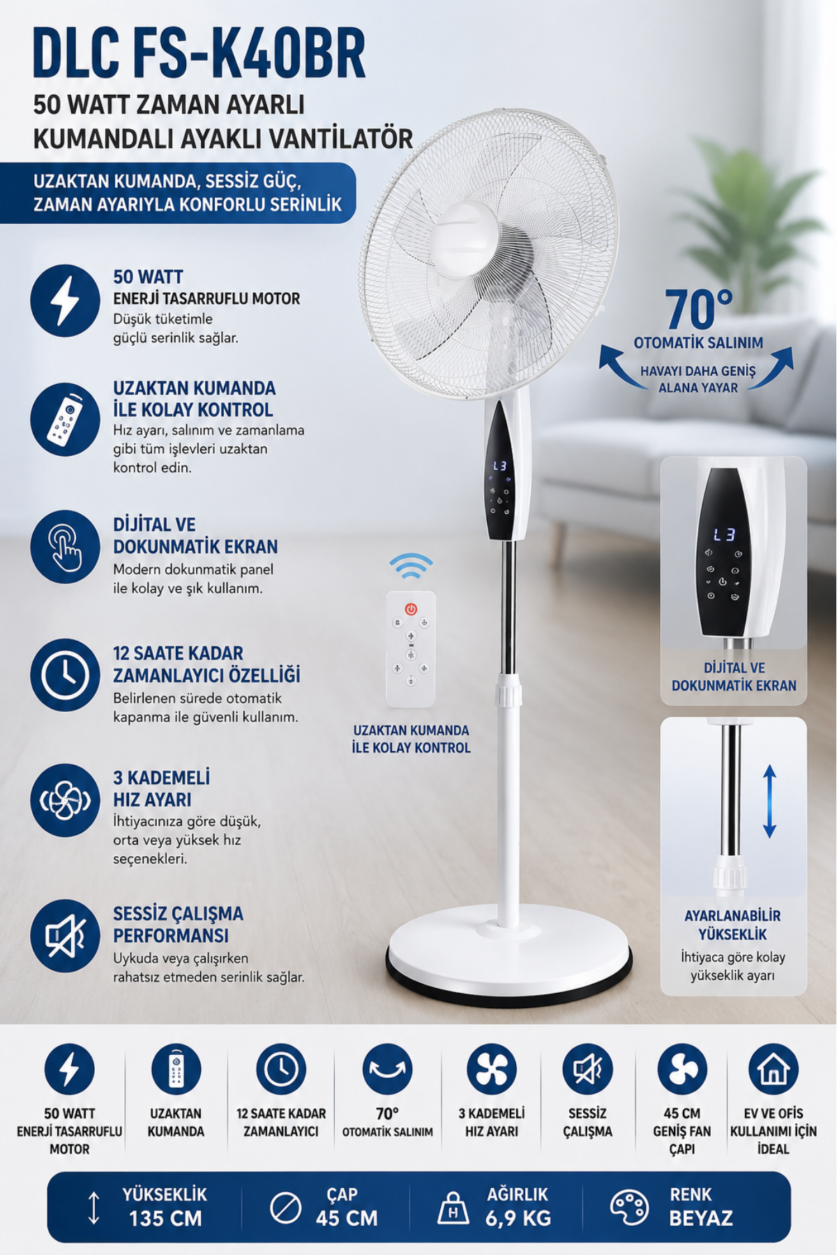 Dlc FS-K40BR 50 Watt Zaman Ayarlı Kumandalı Ayaklı Vantilatör Beyaz