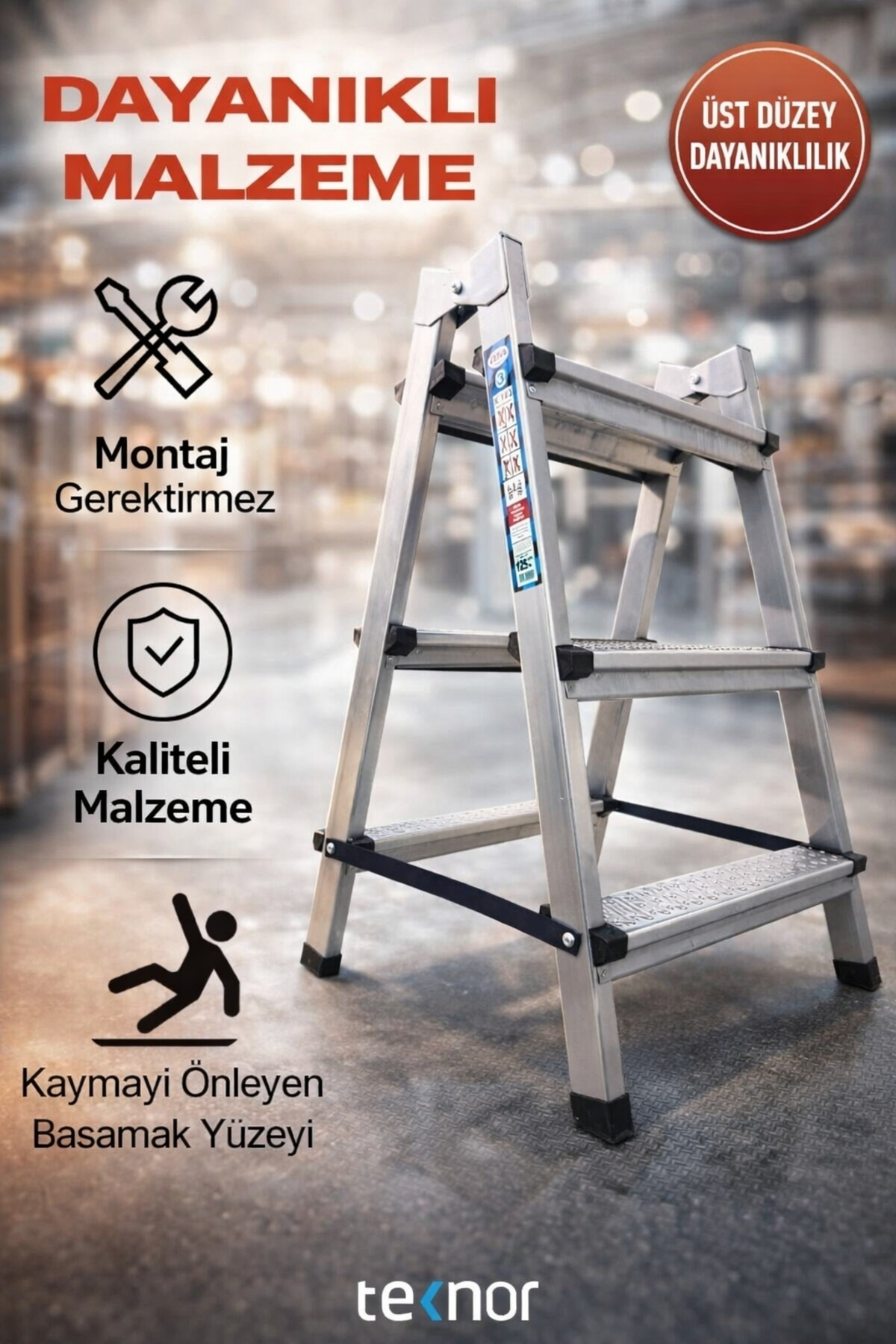 Reyo Kutlu Çift Taraflı Dayanıklı 3+3 Metal Basamaklı Katlanır Merdiven – Kaymaz Basamaklı Ev Tipi Portatif Merdiven