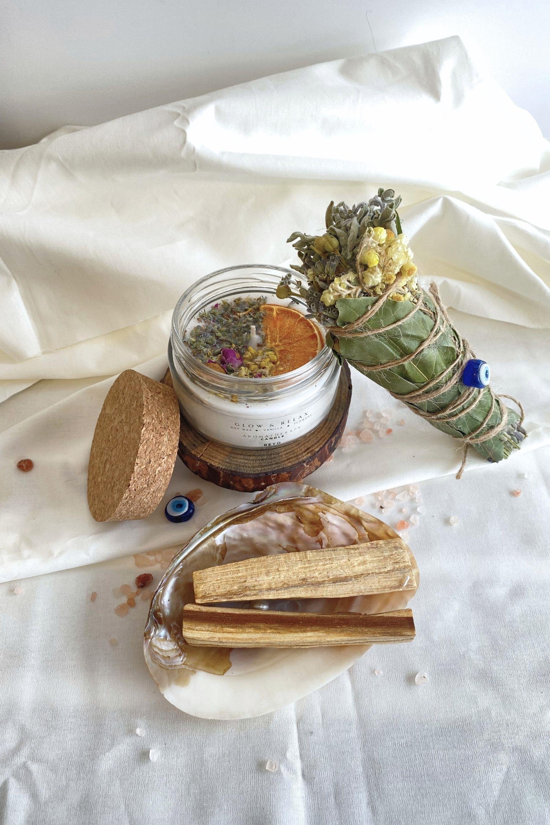 Reyo Nazar Tütsü Demeti, Deniz Kabuğu, Palo Santo, Aromaterapi Mum Arınma 4'lü Ritüel Set 