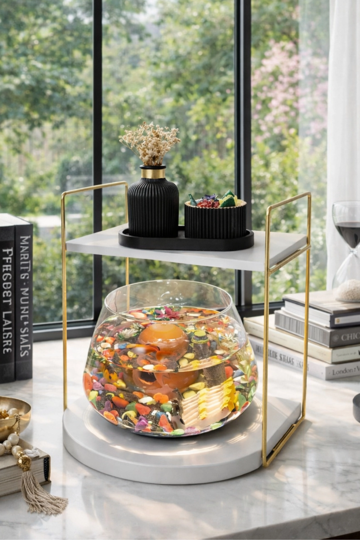 Reyo OK-AY Store Düz Raflı Işıklı Lüks Cam Fanus İçinde Beta Balığı İçin Özel Tasarım Masa Üstü Dekoratif Akvaryum Gold-Beyaz