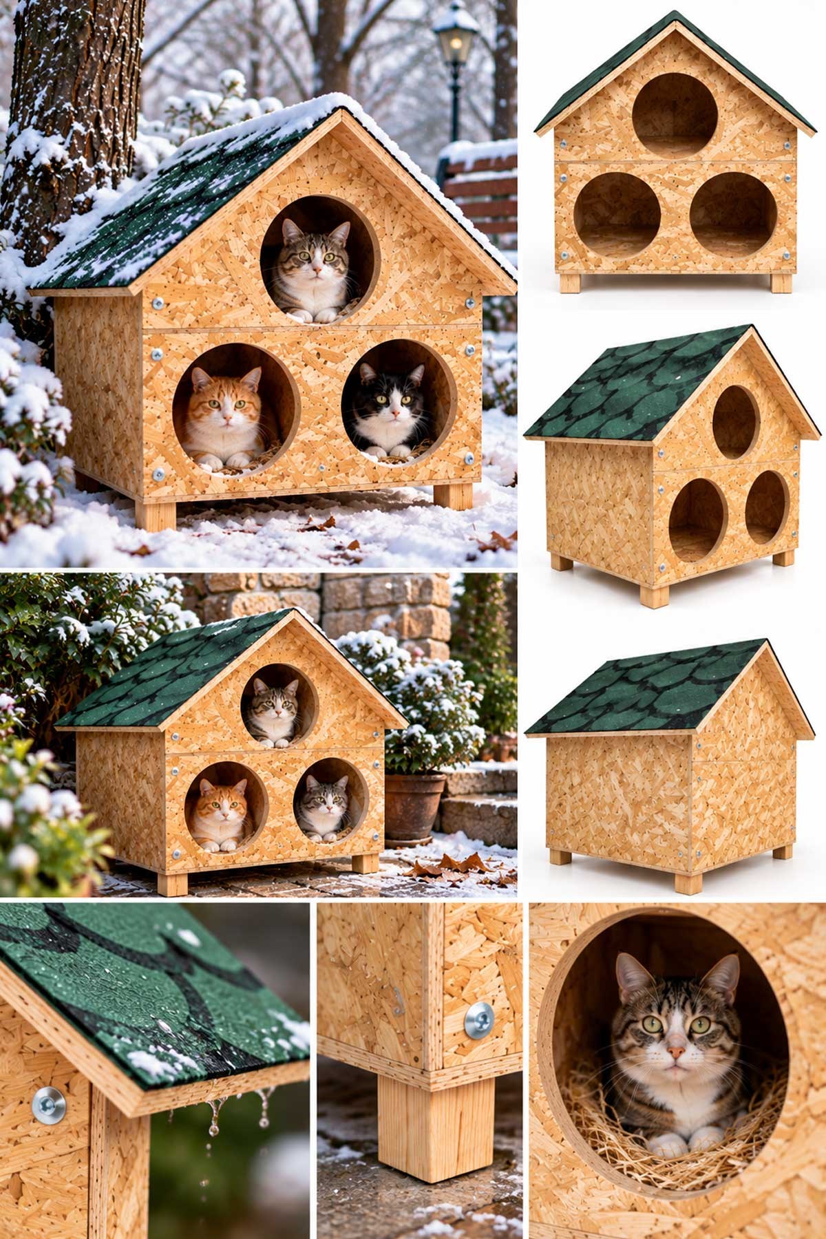 Reyo 3 Bölmeli Büyük Kedi Evi OSB Su Yalıtımlı Rüzgar ve Soğuğa Dayanıklı Ahşap Kedi Evi, Sokak Hayvanları İçin Kedi Barınağı, Kedi Yuvası 58x58x40 cm CAT28