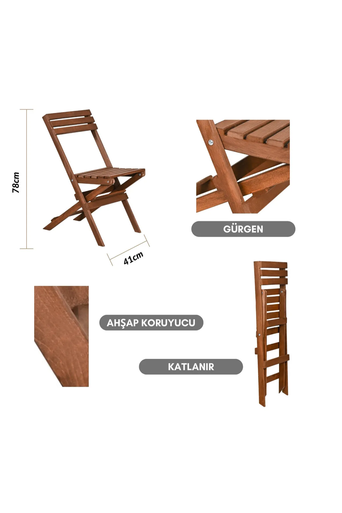 BySay Ahşap Katlanır Minderli 3'lü Bistro Set Mutfak Balkon Bahçe Masa Sandalye Seti Ceviz Gri