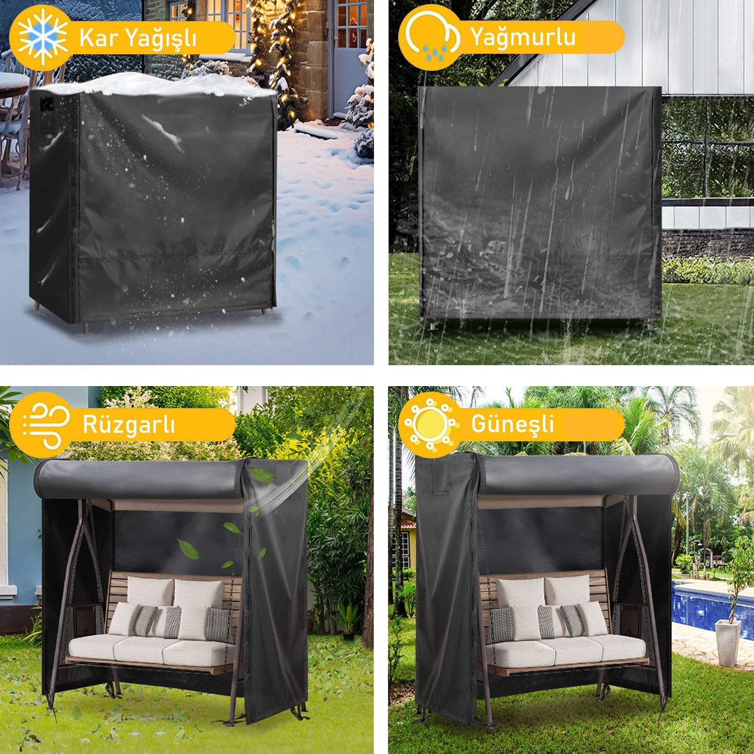 HAEGS Bahçe Salıncak Koruma Örtüsü Üç Kişilik Tenteli Hamak Bahçe Salıncağı Koruma Kılıfı Su Geçirmez Branda Dayanıklı 210x125x170cm Siyah