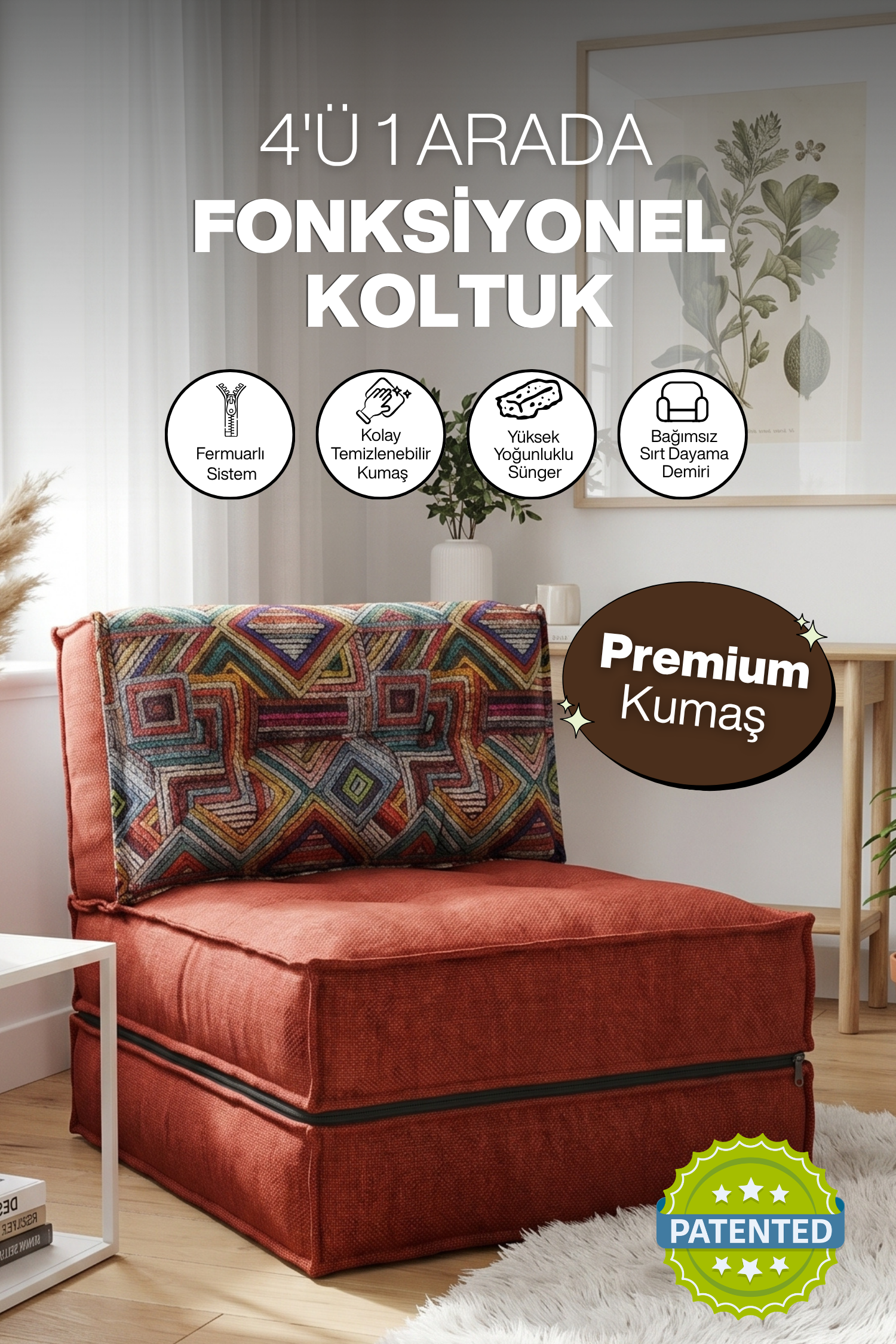 Pufymax Comfort Minder Koltuk Modüler Yer Koltuğu Sırt Destekli Oturma Minderi 75x75x85cm Yıkanabilir Fermuarlı Kiremit