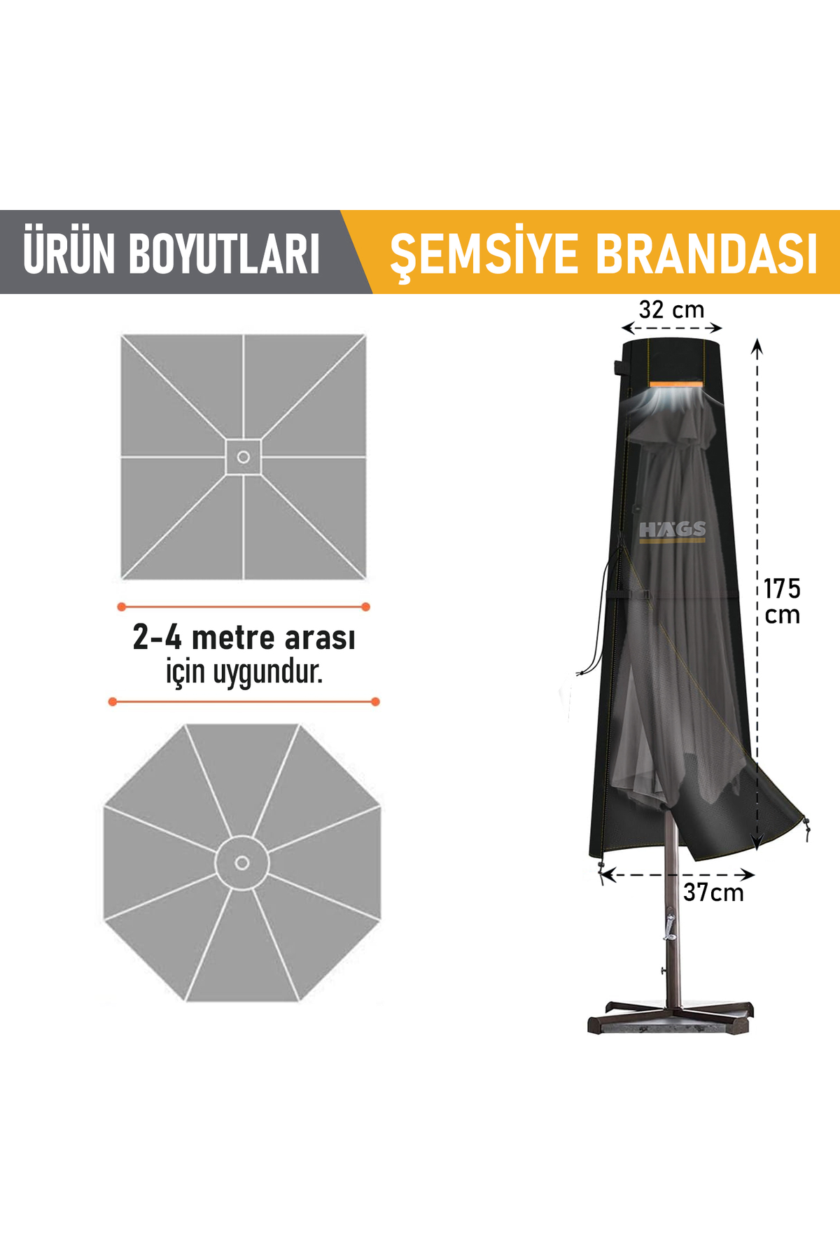 Haegs Bahçe Şemsiye Kılıfı, Veranda Parasol Konsol Şemsiyesi Brandası, Koruma Örtüsü, Su Geçirmez, Hava Koşullarına Dayanıklı Bahçe Gölgelik Güneşlik Örtüsü (175 x 32/37 cm) Siyah