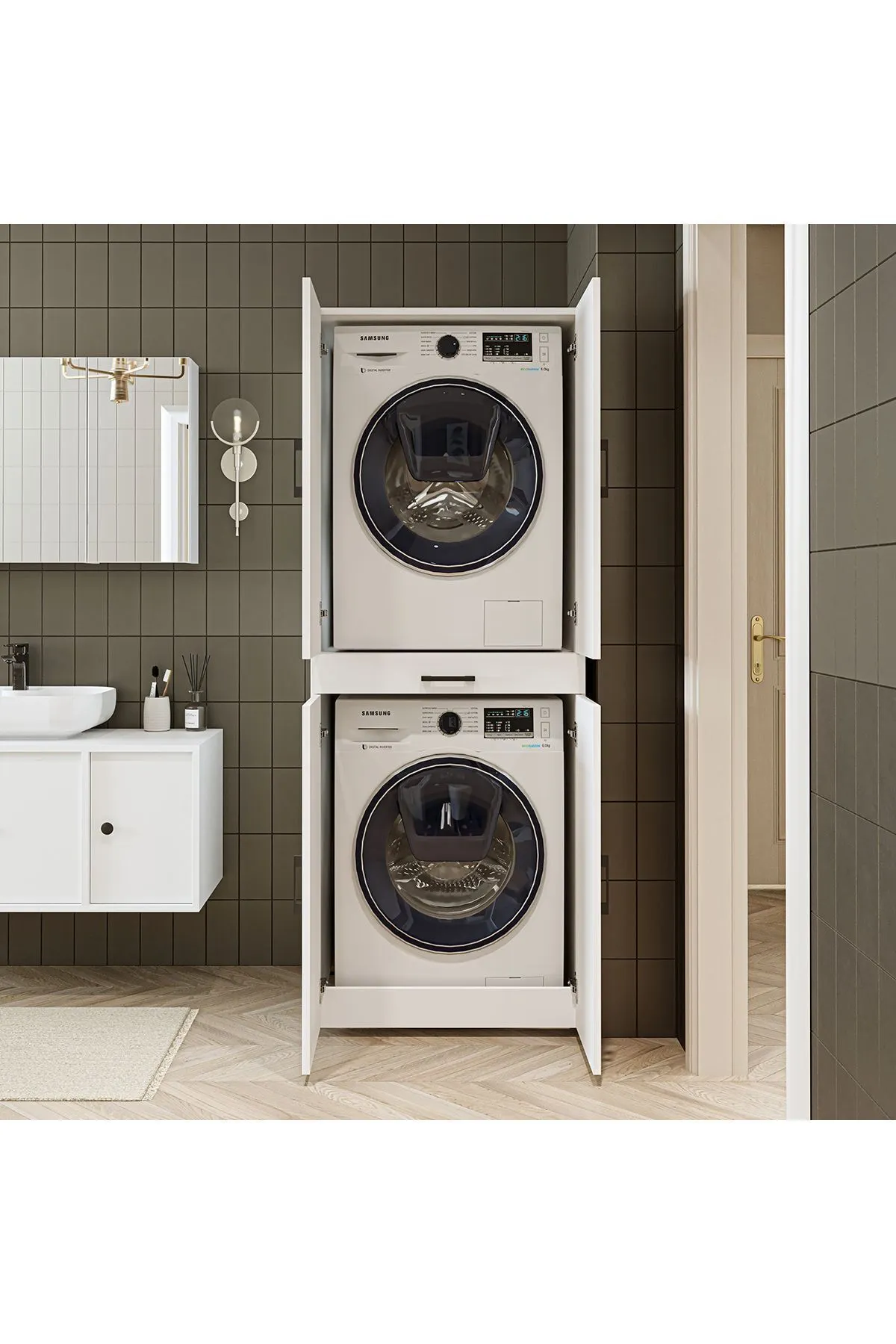 RoomArt Banyo Dolabı Kapaklı Çamaşır Ve Kurutma Makinesi Dolabı 70x185 cm Mat Beyaz