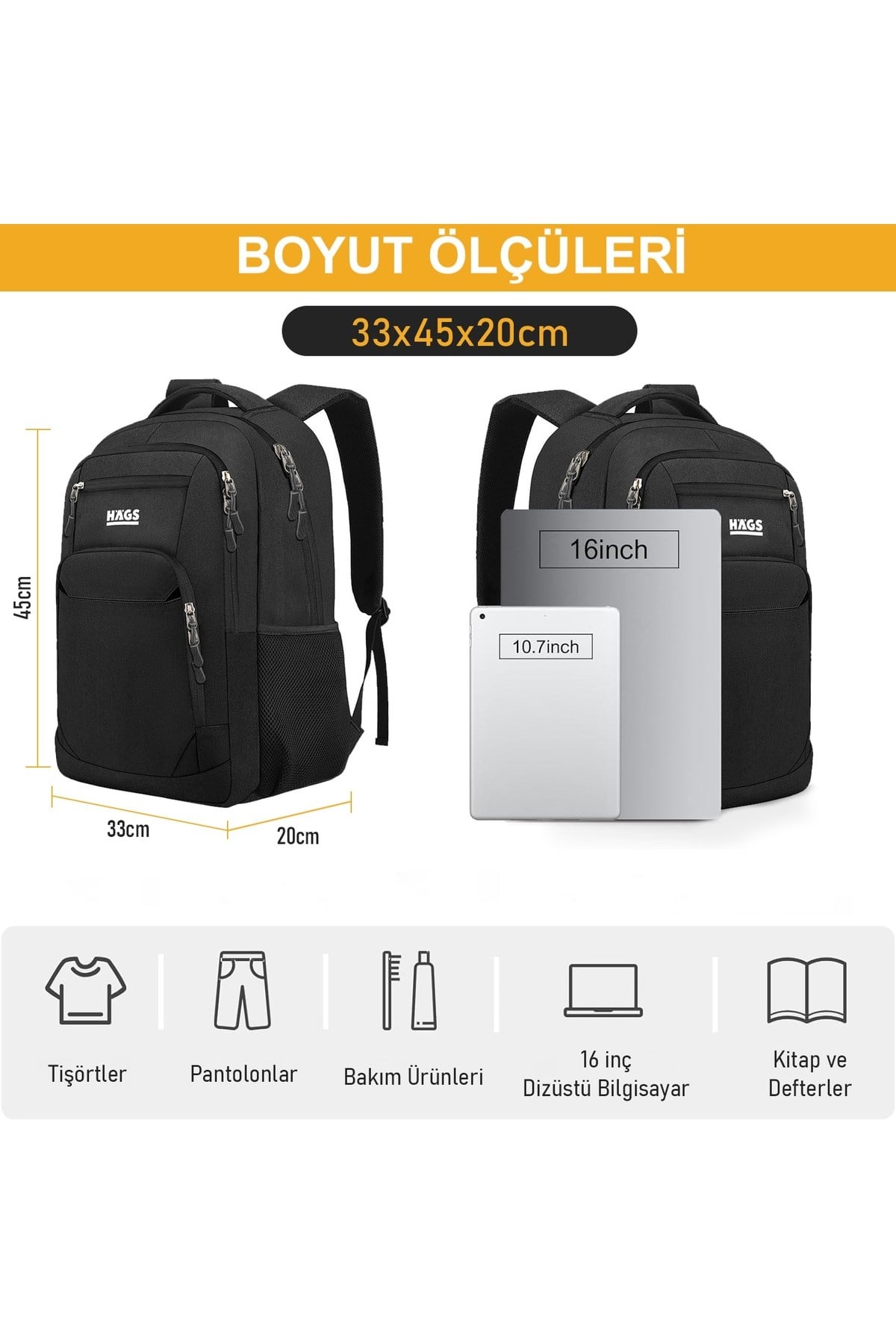 Haegs Laptop Sırt Çantası, Multi Cepli İş Seyahat Çantası, Dizüstü Bilgisayar Sırt Çantası, Suya Dayanıklı, Kolej Bilgisayar Çantası, Kadınlar ve Erkekler İçin Çok Bölmeli Organizer Çanta - Siyah