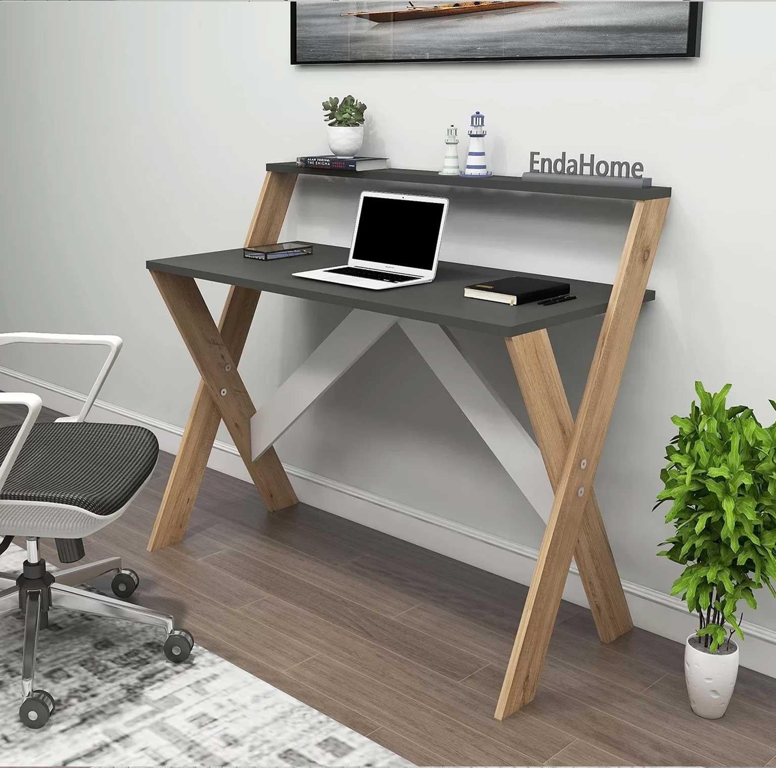 Enda Home X Ayaklı Raflı Ders Çalışma Masası 50x90 cm Çam - Antrasit