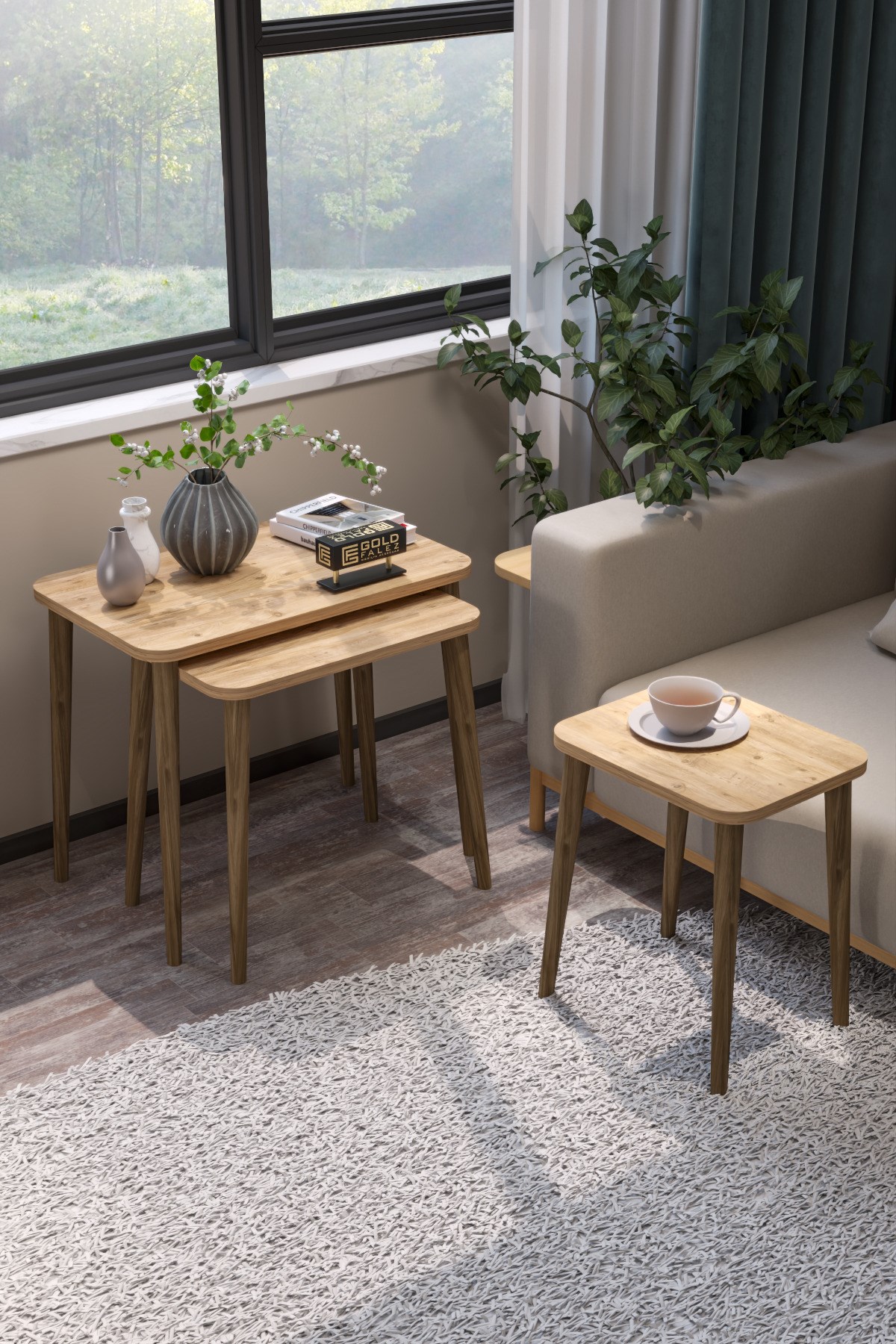 Reyo Falez Zigon Sehpa Salon Sehpası Ahşap Torna Ayak Ceviz