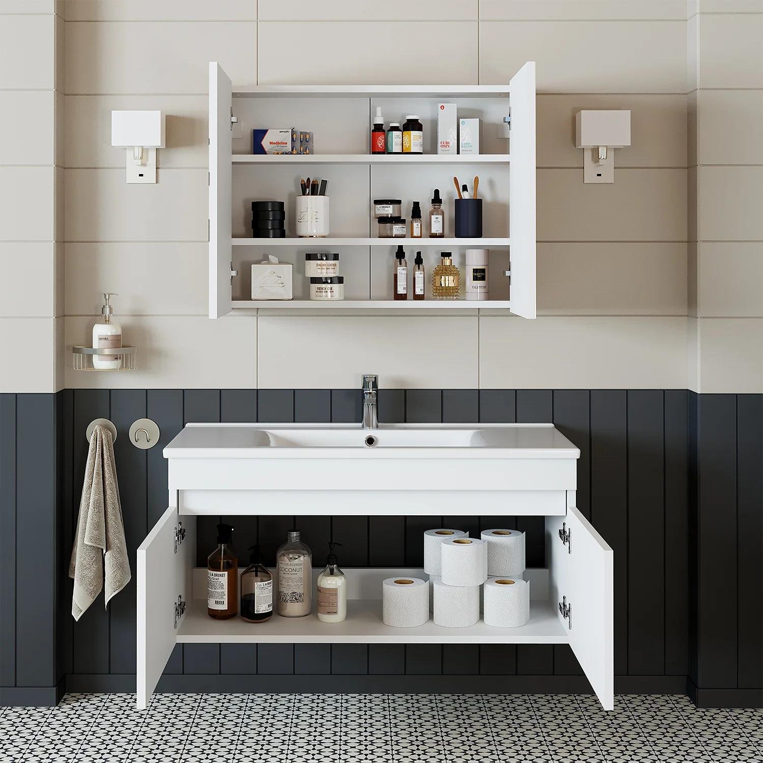 Roomart Al3 Ayaksız 2 Kapaklı Lavabolu Mdf 65 Cm Banyo Dolabı Aynalı Üst Dolabı Atlas Çam-Beyaz