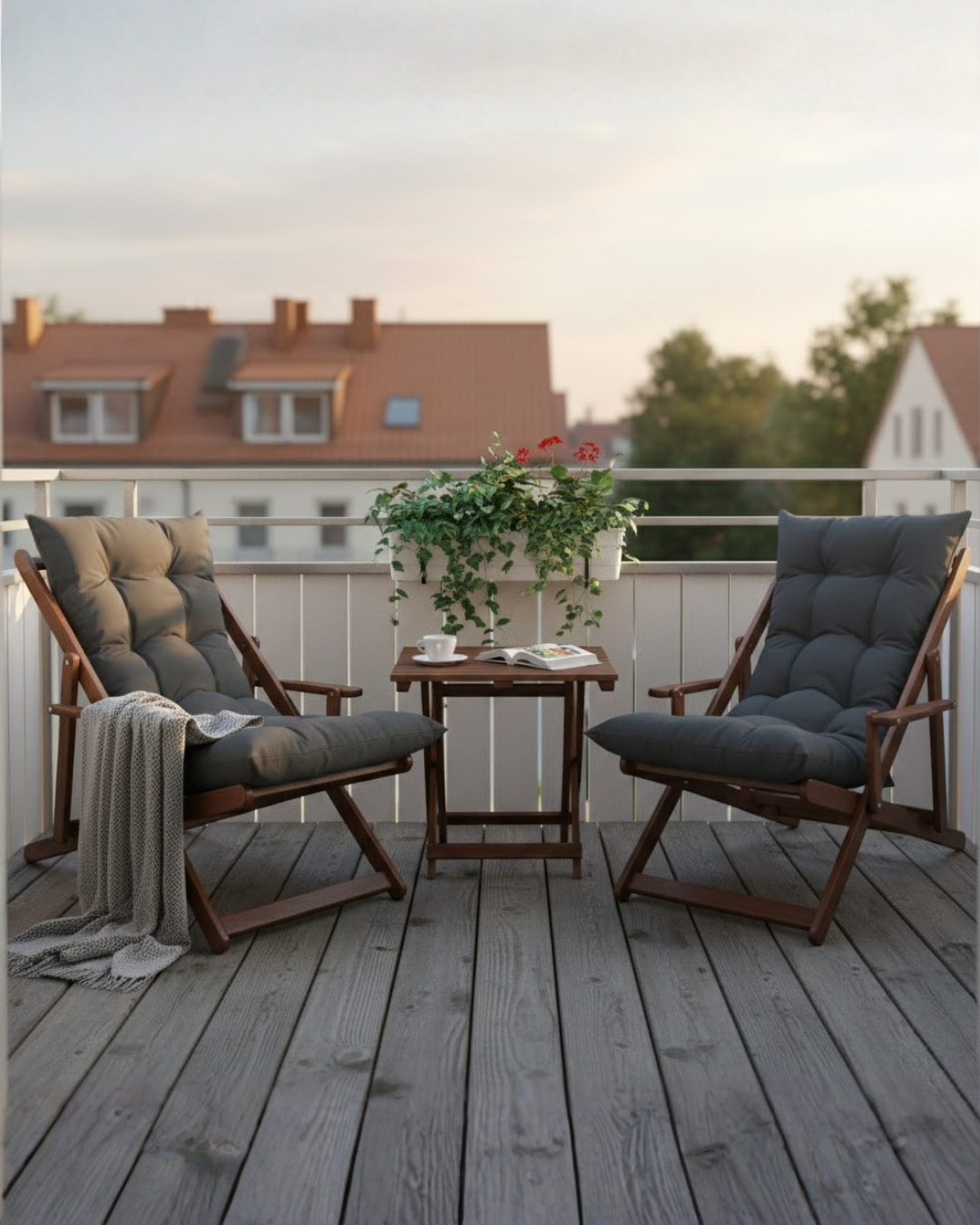 Bysay Ahşap Katlanabilir Taşınır Puf Minderli Kollu Kademeli Şezlong Plaj, Bahçe Şezlong 3lü Set Ceviz-Antrasit