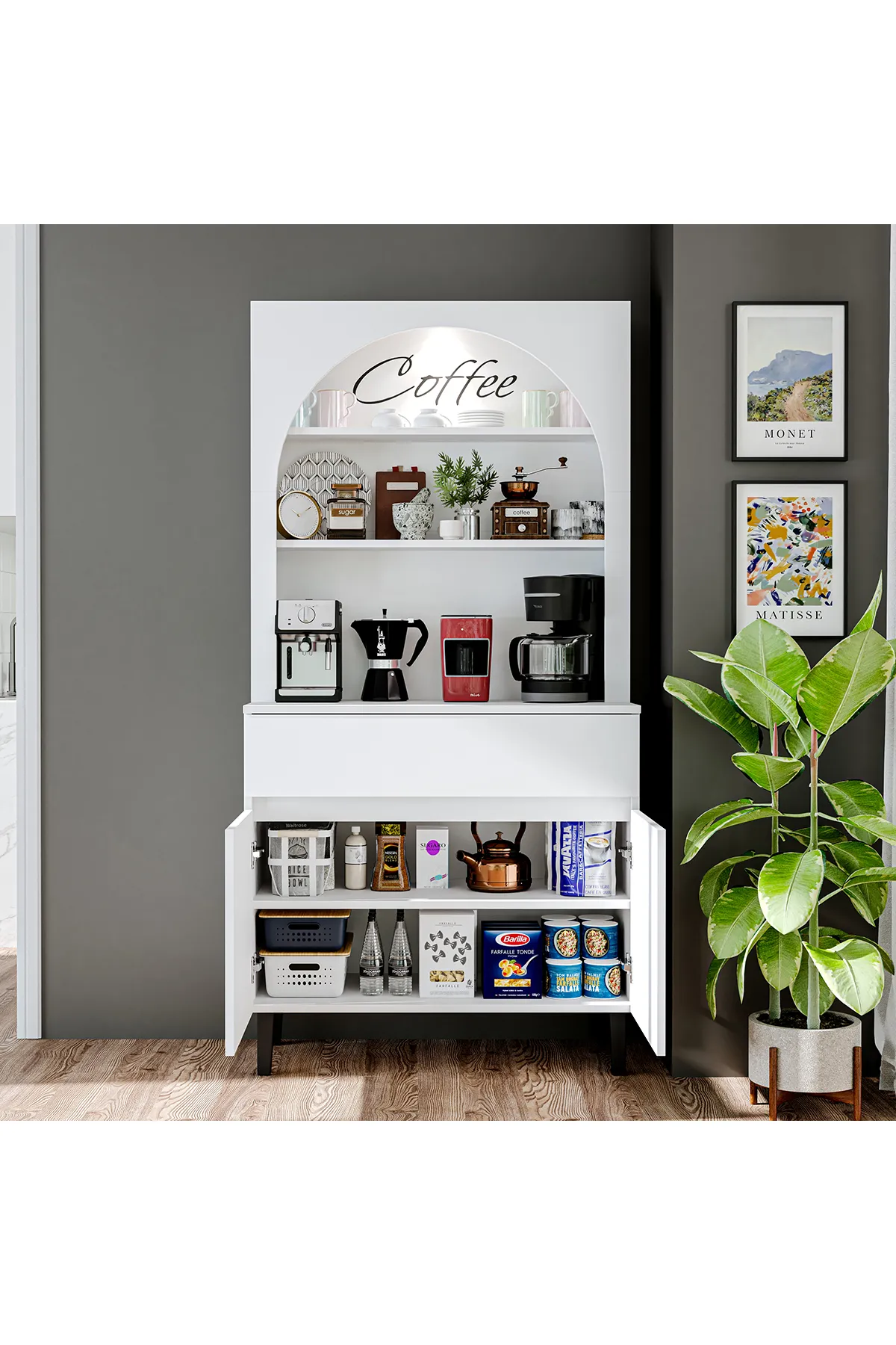 RoomArt Venedik Kahve Köşesi, Çok Amaçlı Dolap, 2 Kapaklı 1 Çekmeceli Kiler Dolabı, Mutfak Dolabı
