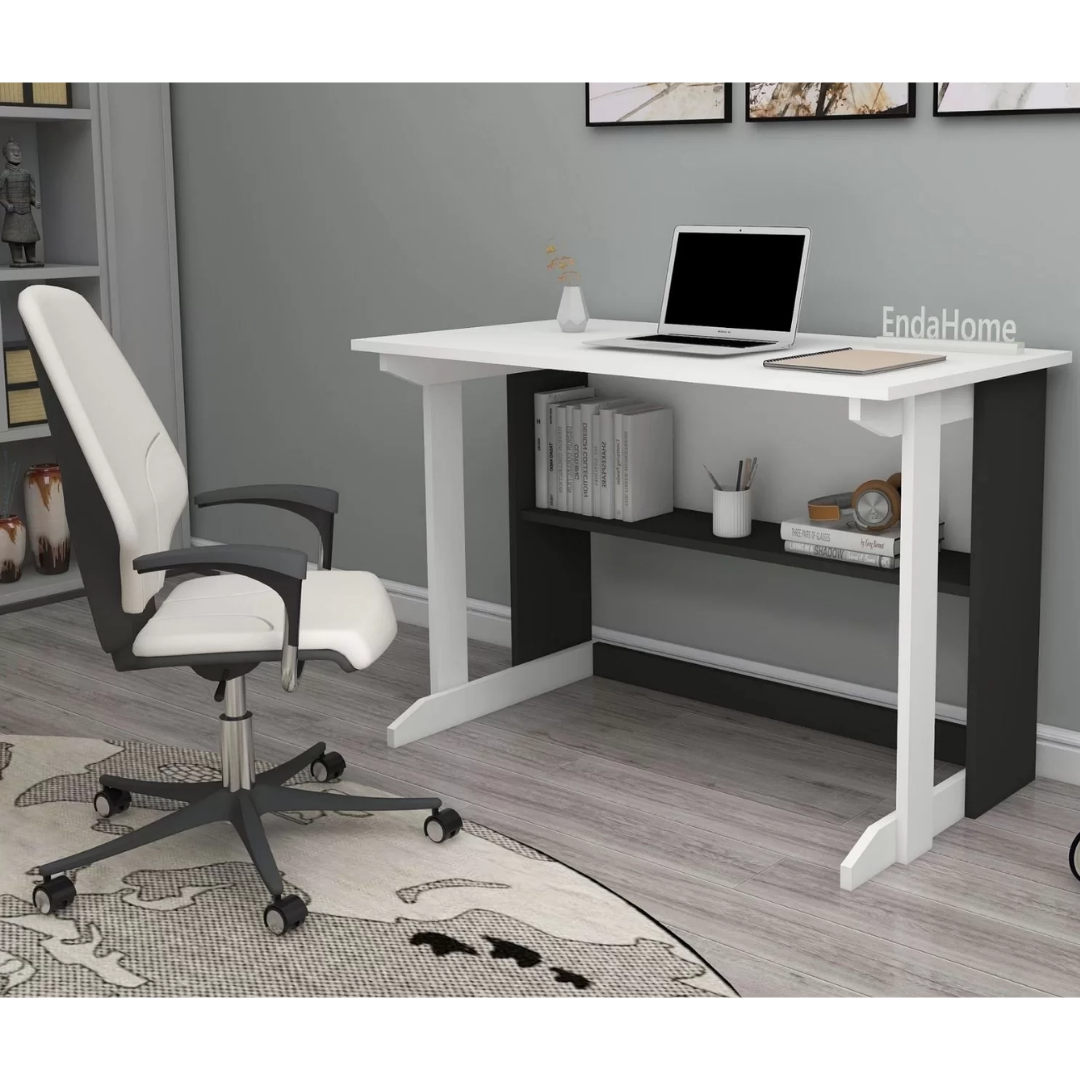 Enda Home Pillar Kütüphaneli Geniş Çalışma Masası 100x56 Cm Beyaz - Antrasit
