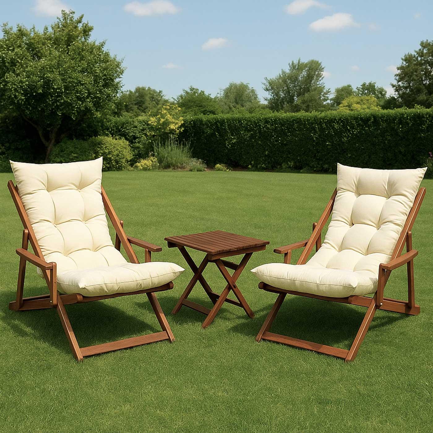 Bysay Ahşap Katlanabilir Taşınır Puf Minderli Kollu Kademeli Şezlong Plaj, Bahçe Şezlong 3lü Set Ceviz-Krem