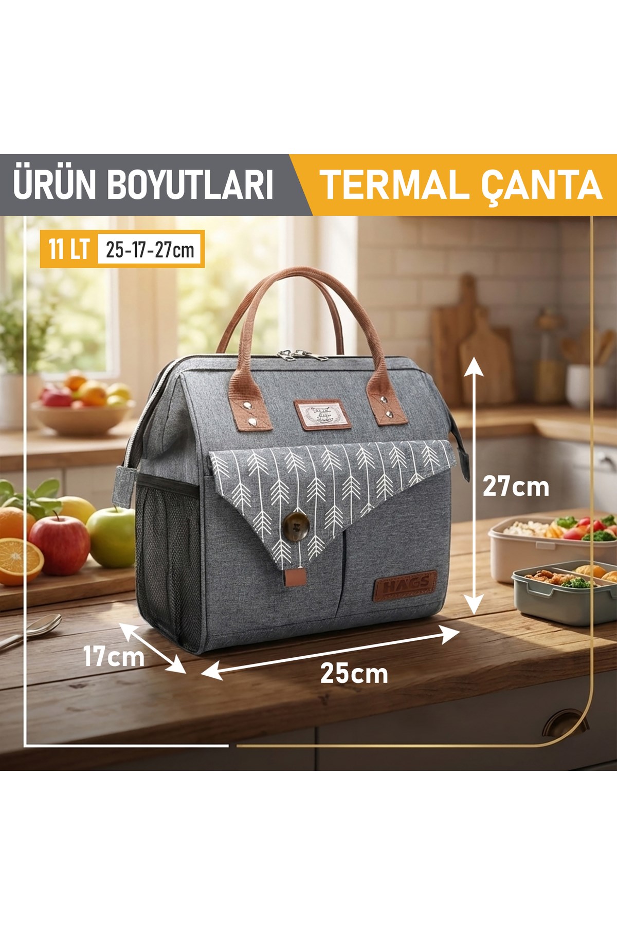 Haegs Kadın Termal Çanta, Yalıtımlı Yemek Taşıma Çantası, Sızdırmaz Beslenme Kutusu, Ofis Kamp Piknik Çantası 11L - Gri