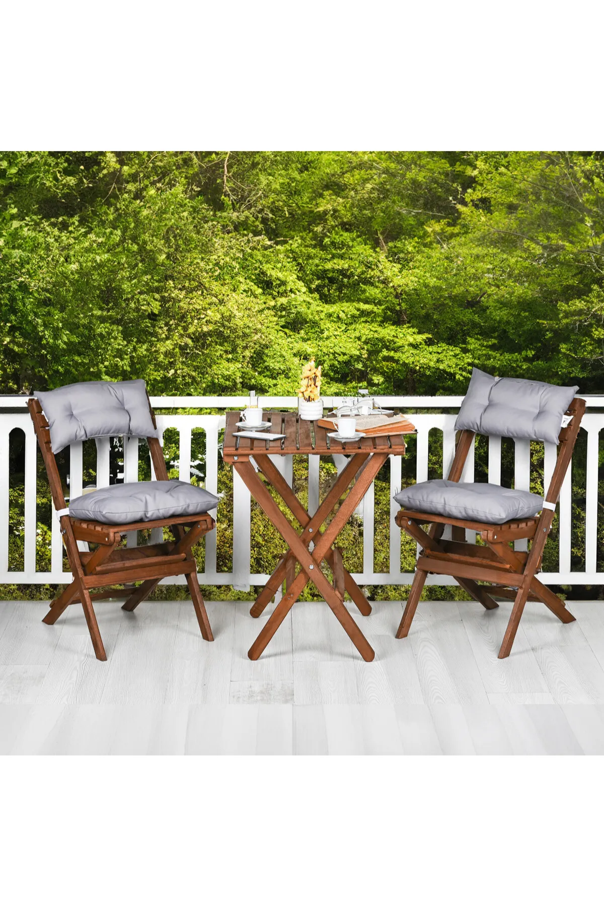 BySay Ahşap Katlanır Minderli 3'lü Bistro Set Mutfak Balkon Bahçe Masa Sandalye Seti Ceviz Gri