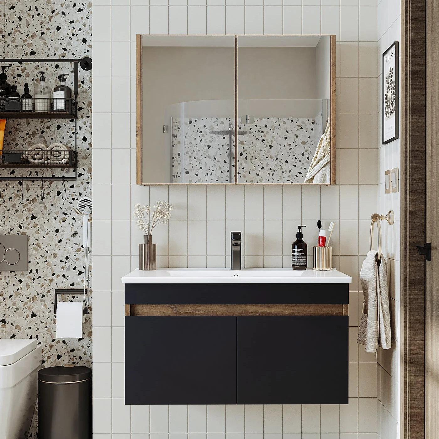 Roomart Lavabolu Atlantik - Antrasit Mat Mdf 85 cm Dolap + Aynalı Üst Dolabı