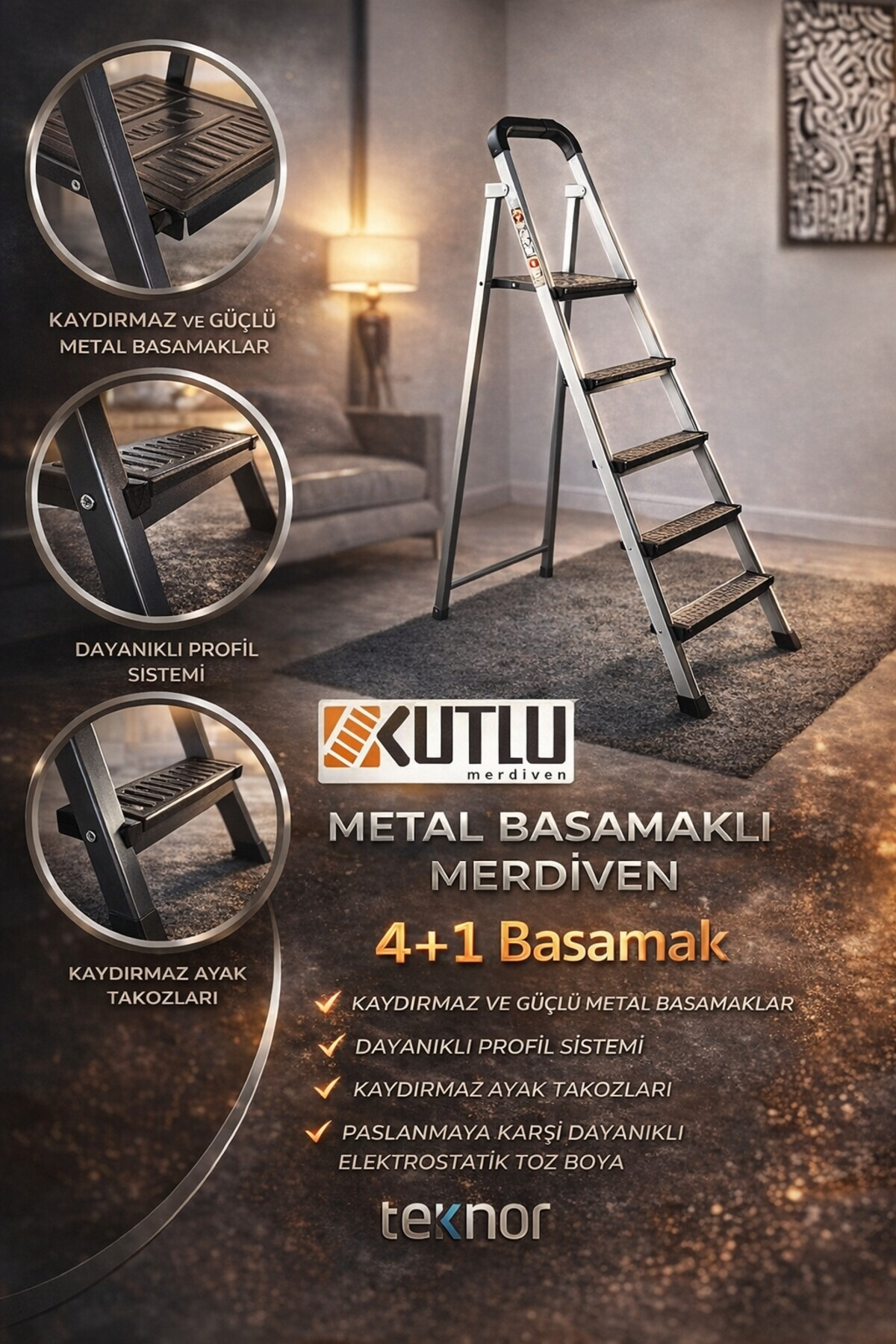 Reyo Kutlu Dayanıklı 4+1 Metal Basamaklı Katlanır Merdiven – Kaymaz Basamaklı Ev Tipi Portatif Merdiven