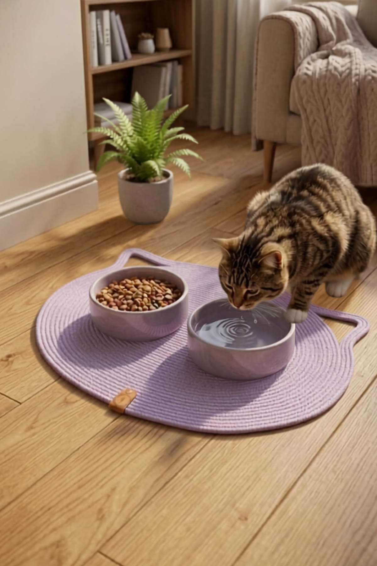 Reyo Pet El Yapımı Kedi Kulaklı Tırmalama Matı, Kedi ve Köpek Mama Matı %100 Pamuk Lila