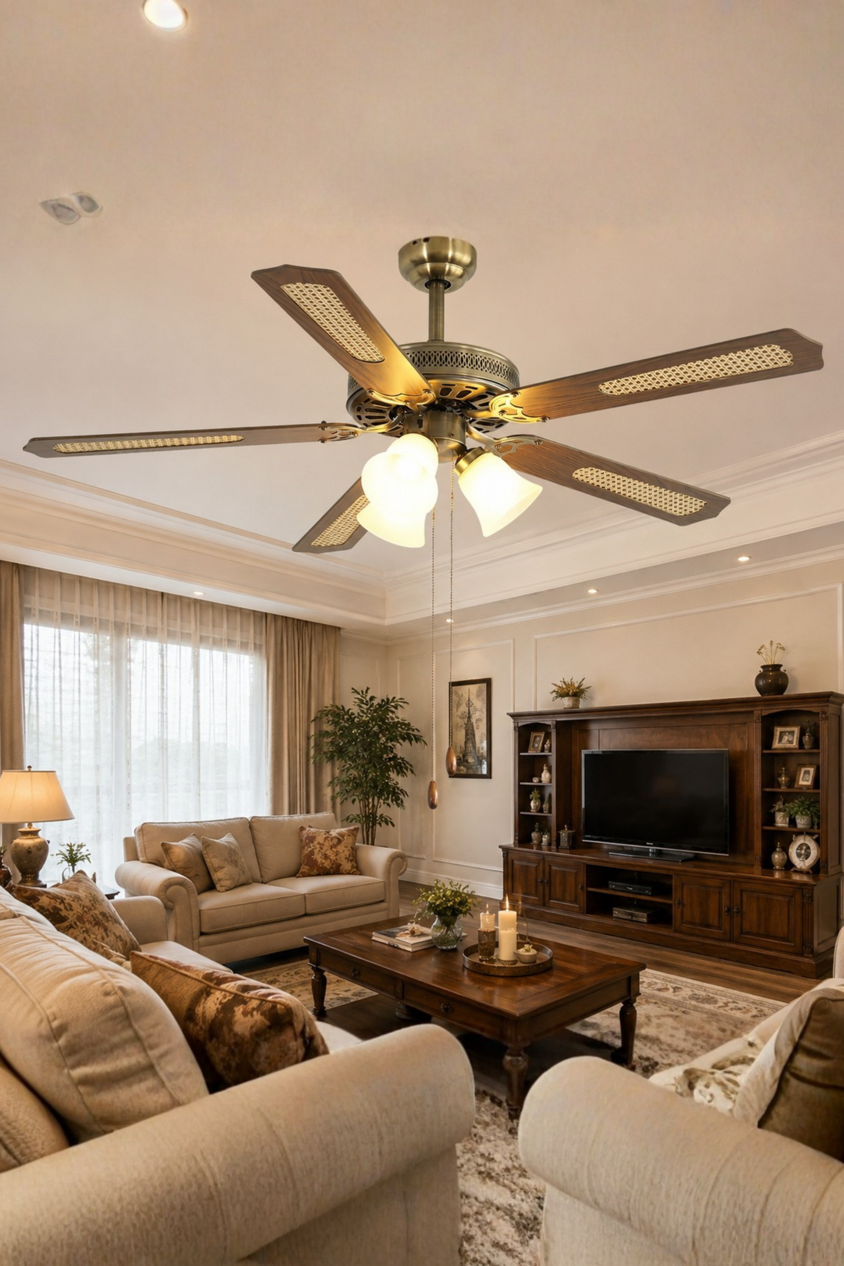 Reyo Lodos Ahşap 132cm İpli Bakır Motor 3 Lambalı Tavan Vantilatörü Ahşap