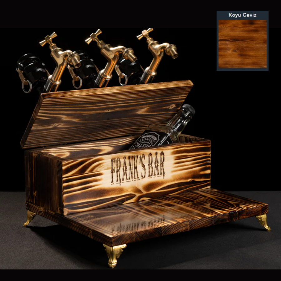 Rustik Atölye Define 3 Musluk Ahşap İçki Dağıtıcı Koyu Ceviz