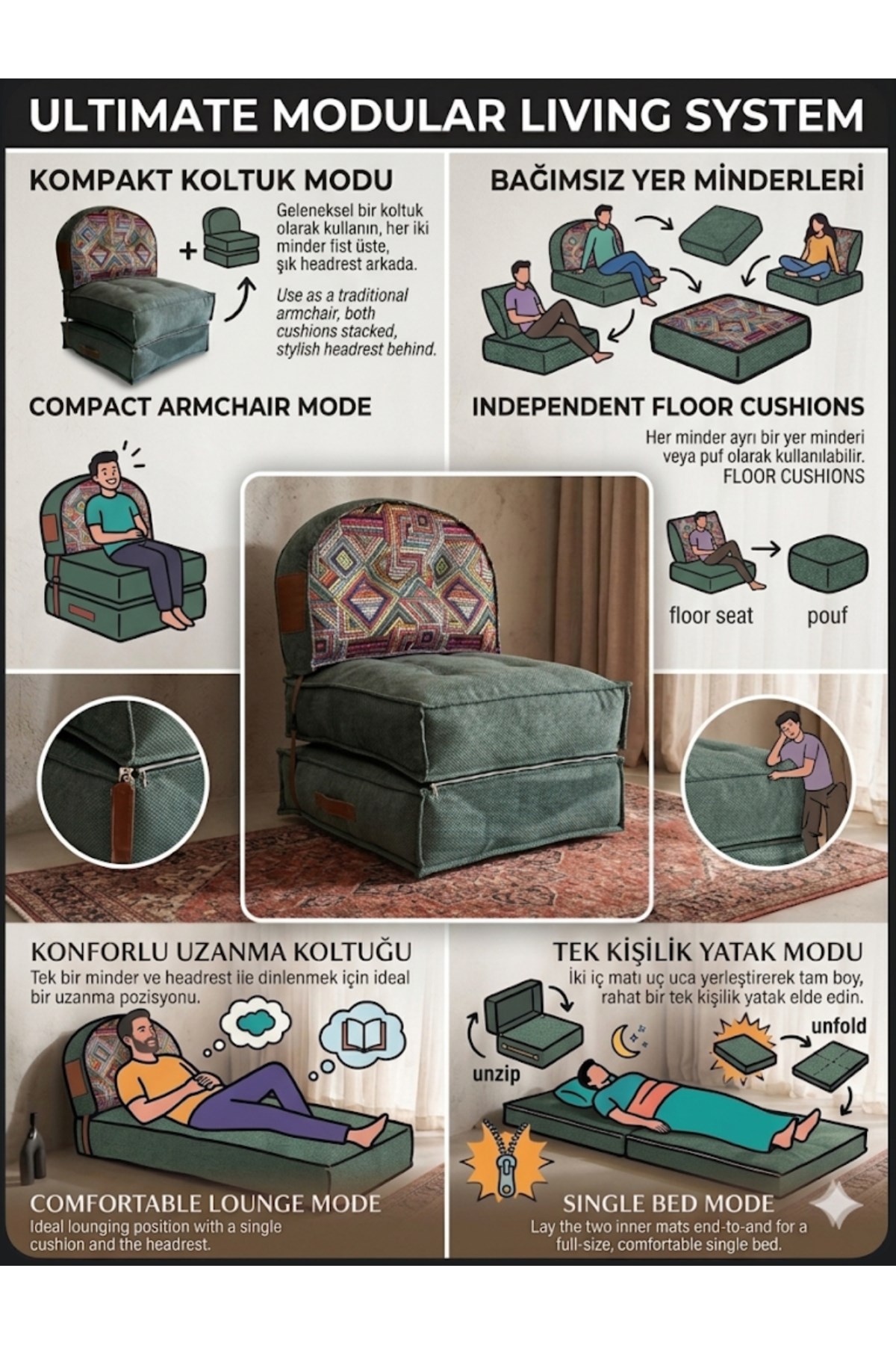 Pufymax Comfy Plus Oval Bohem Tekli Koltuk Yatak Olabilen Katlanır Berjer & Modüler Yer Yatağı 75x75x 90 cm Yeşil Desenli
