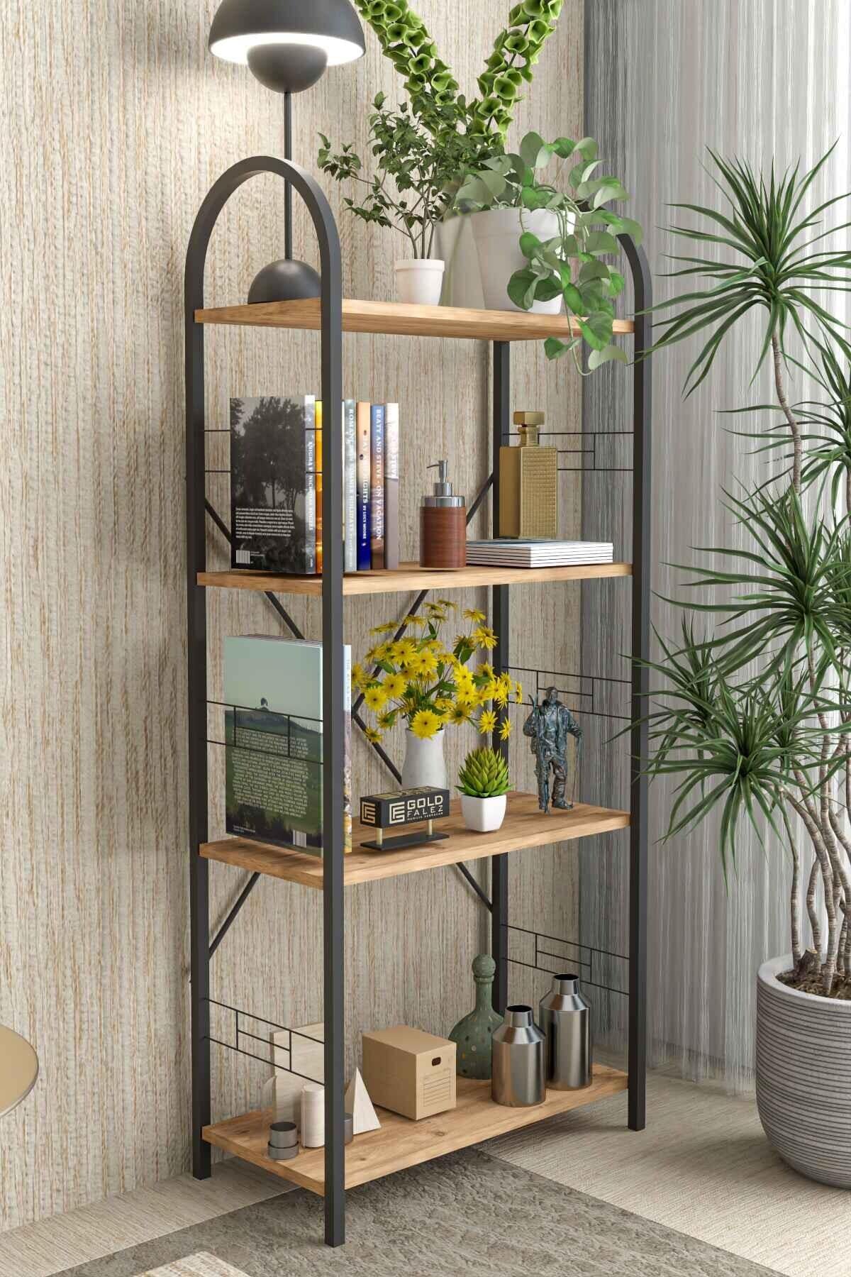 Reyo Falez 4 Raflı Metal Atlantik Çam Çok Amaçlı Kitaplık Çam