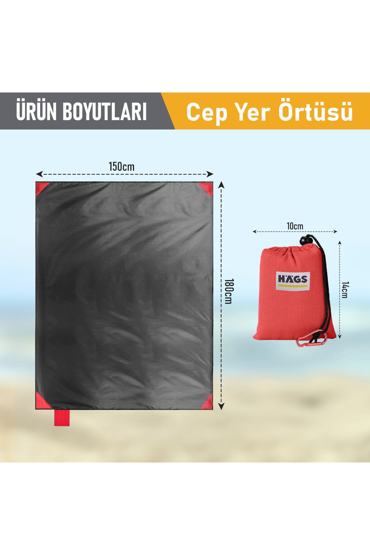 Haegs Cep Yer Örtüsü, Piknik Örtüsü Kamp Matı, Plaj Yer Örtüsü, Su Geçirmez, Kum Tutmaz, Hızlı Kurur, Hafif, Katlanabilir İnce Zemin Örtüsü Outdoor Açık Hava Kamp Yürüyüş Seyahat için - El Askılı - 180-150cm - Kırmızı